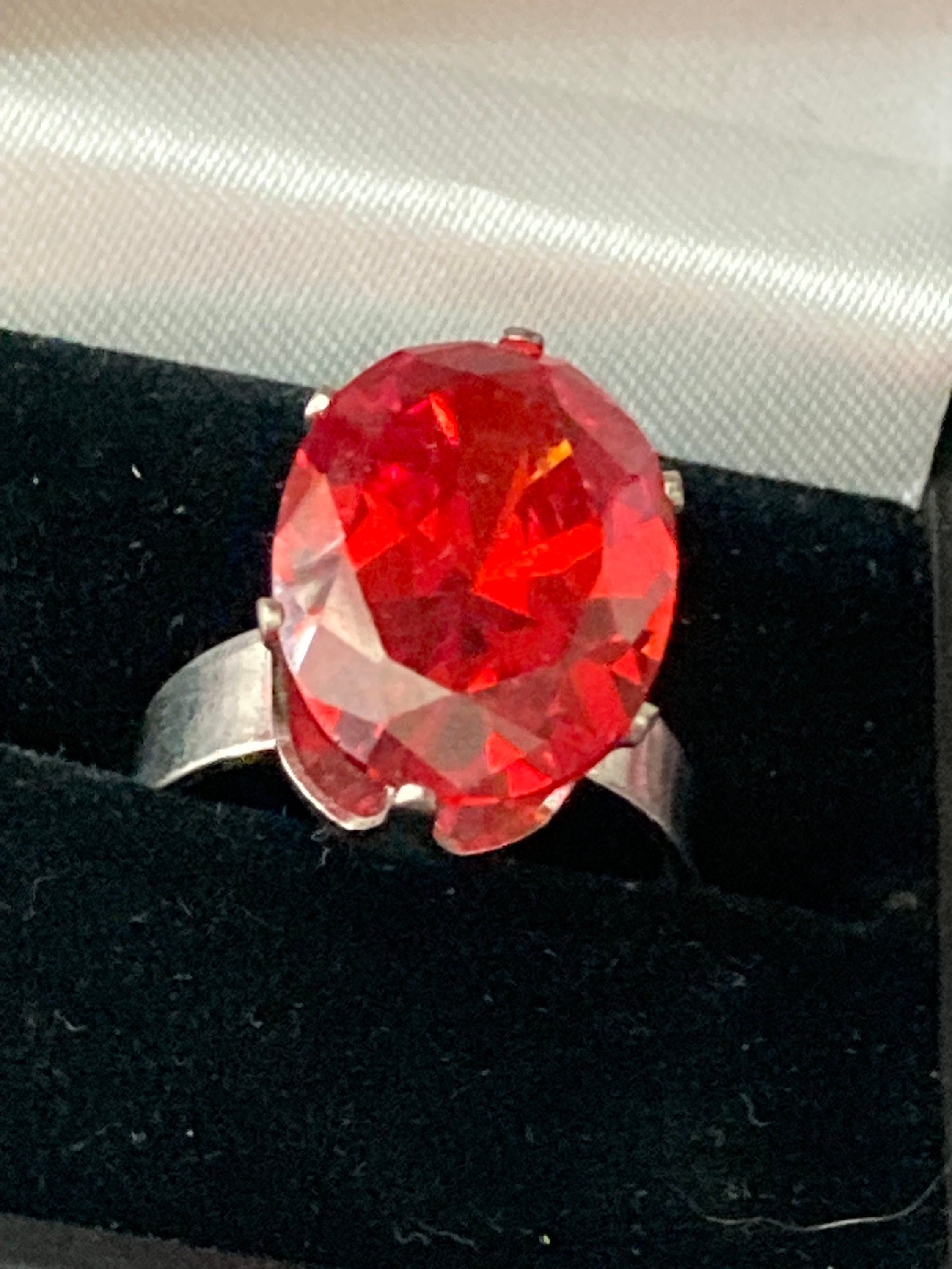 Red Ruby Glass Paste Cocktail Ring - Brutalist Silver Tone - 1970s