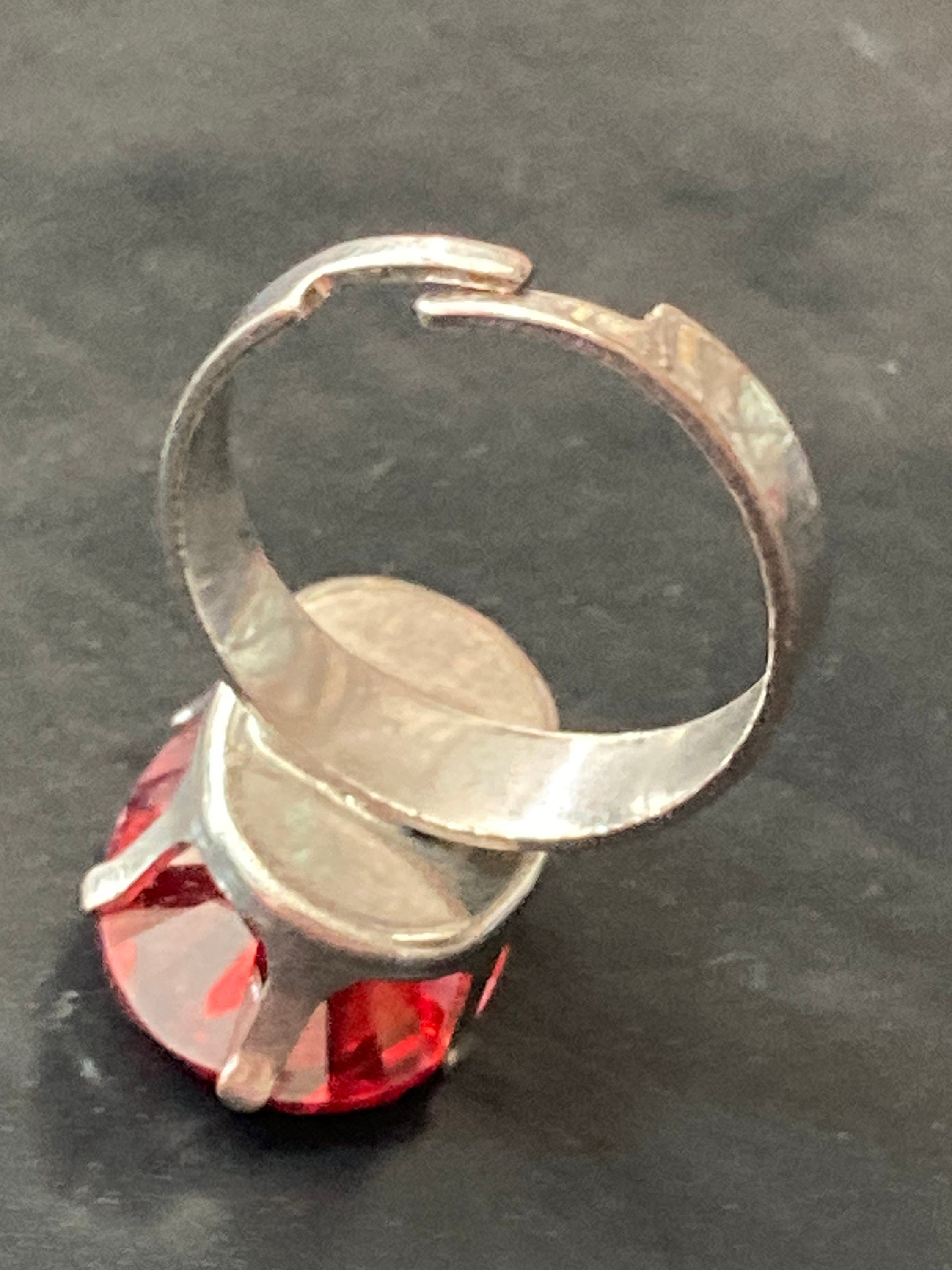 Red Ruby Glass Paste Cocktail Ring - Brutalist Silver Tone - 1970s
