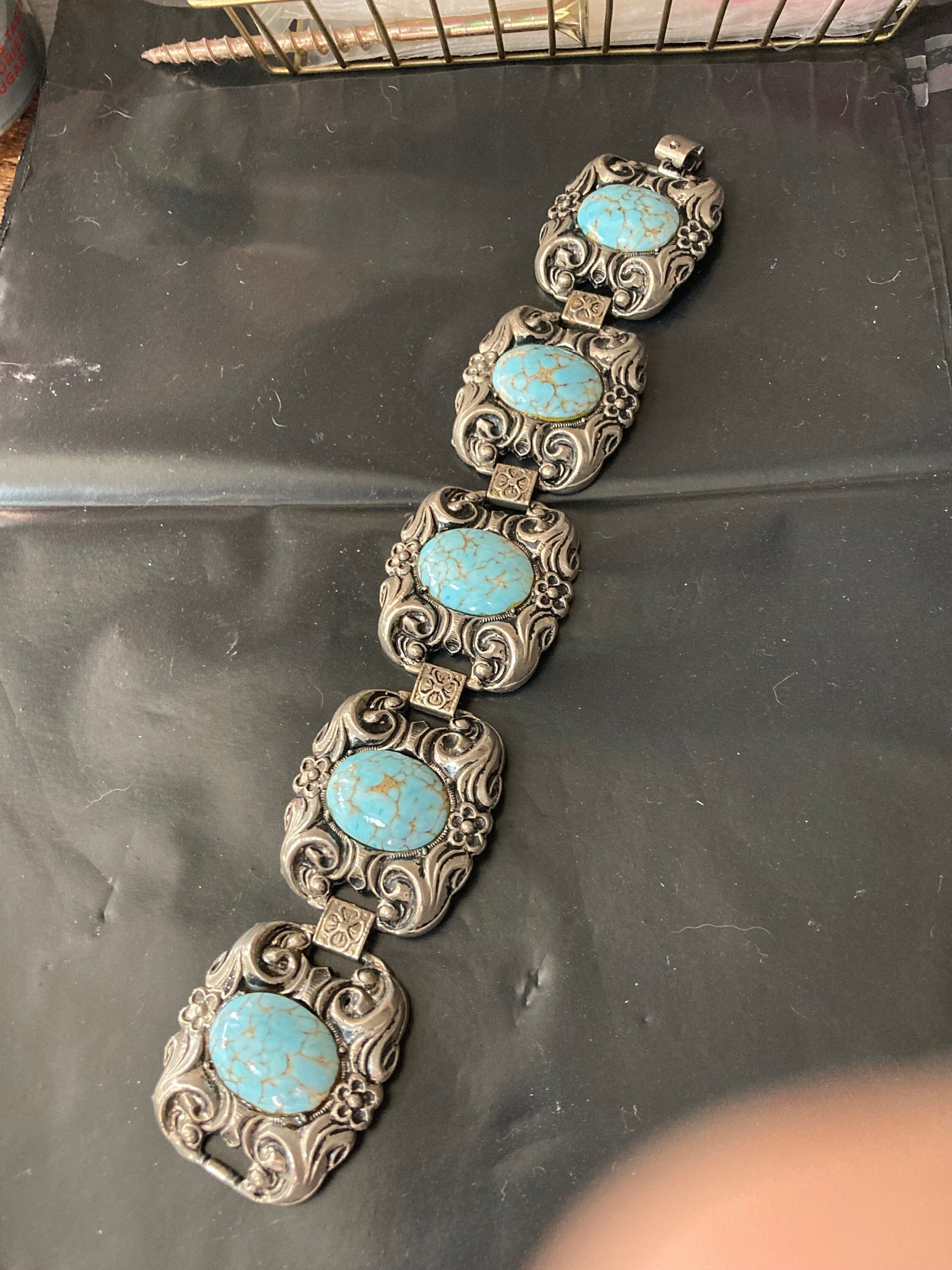 Vintage chunky faux turquoise cabochon panel link bracelet pressed metal
