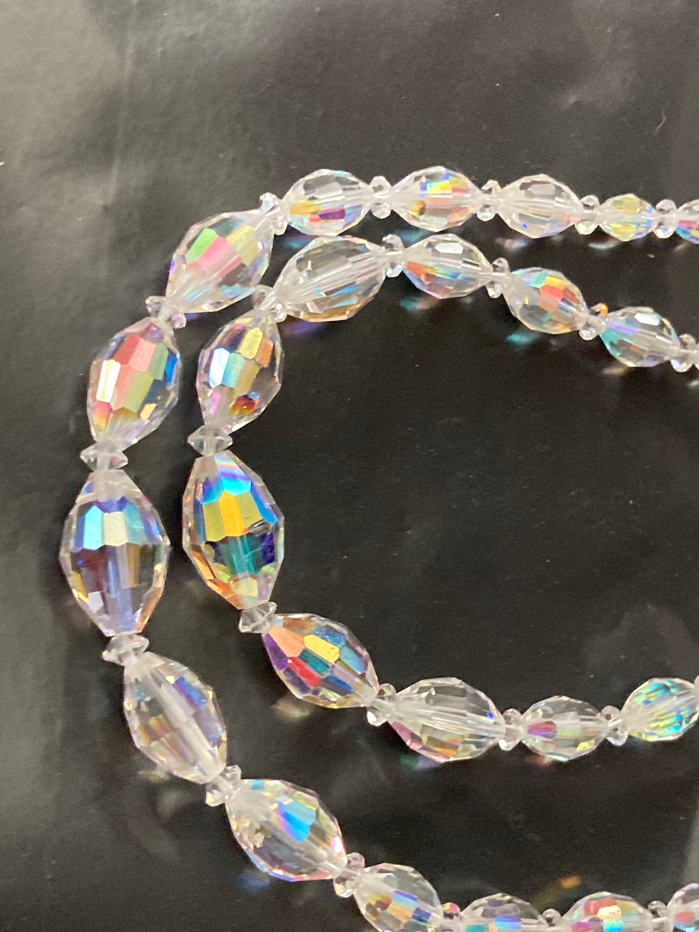 clear bicone AB rainbow Aurora borealis glass Crystal 2 row double strand beaded necklace choker festoon mid century