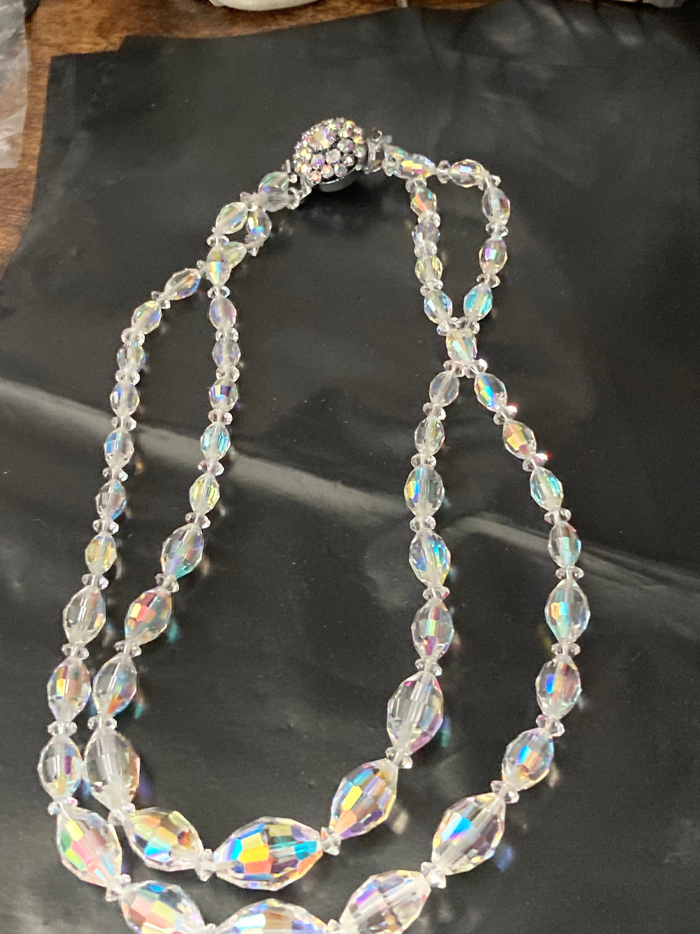 clear bicone AB rainbow Aurora borealis glass Crystal 2 row double strand beaded necklace choker festoon mid century