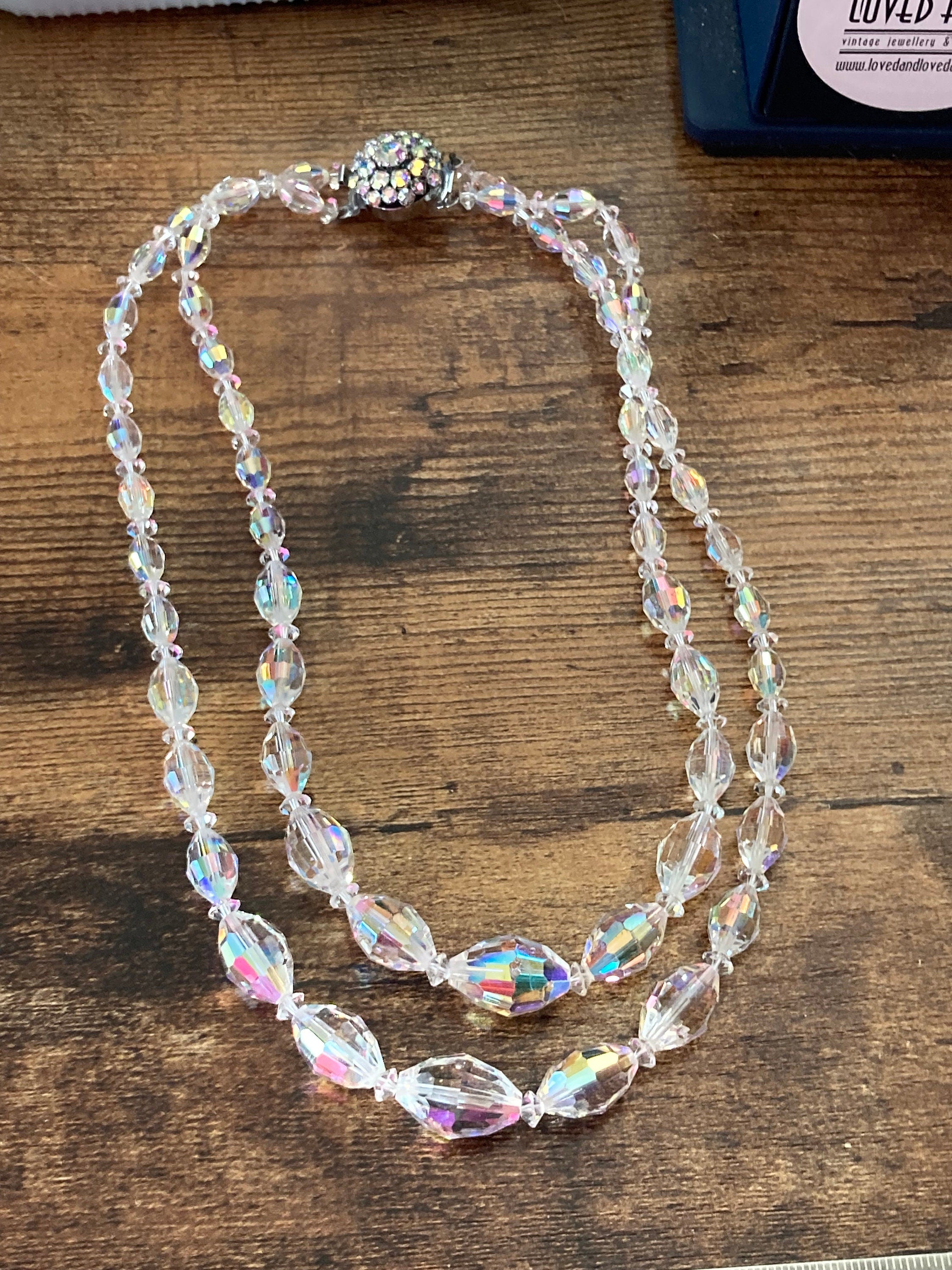 clear bicone AB rainbow Aurora borealis glass Crystal 2 row double strand beaded necklace choker festoon mid century