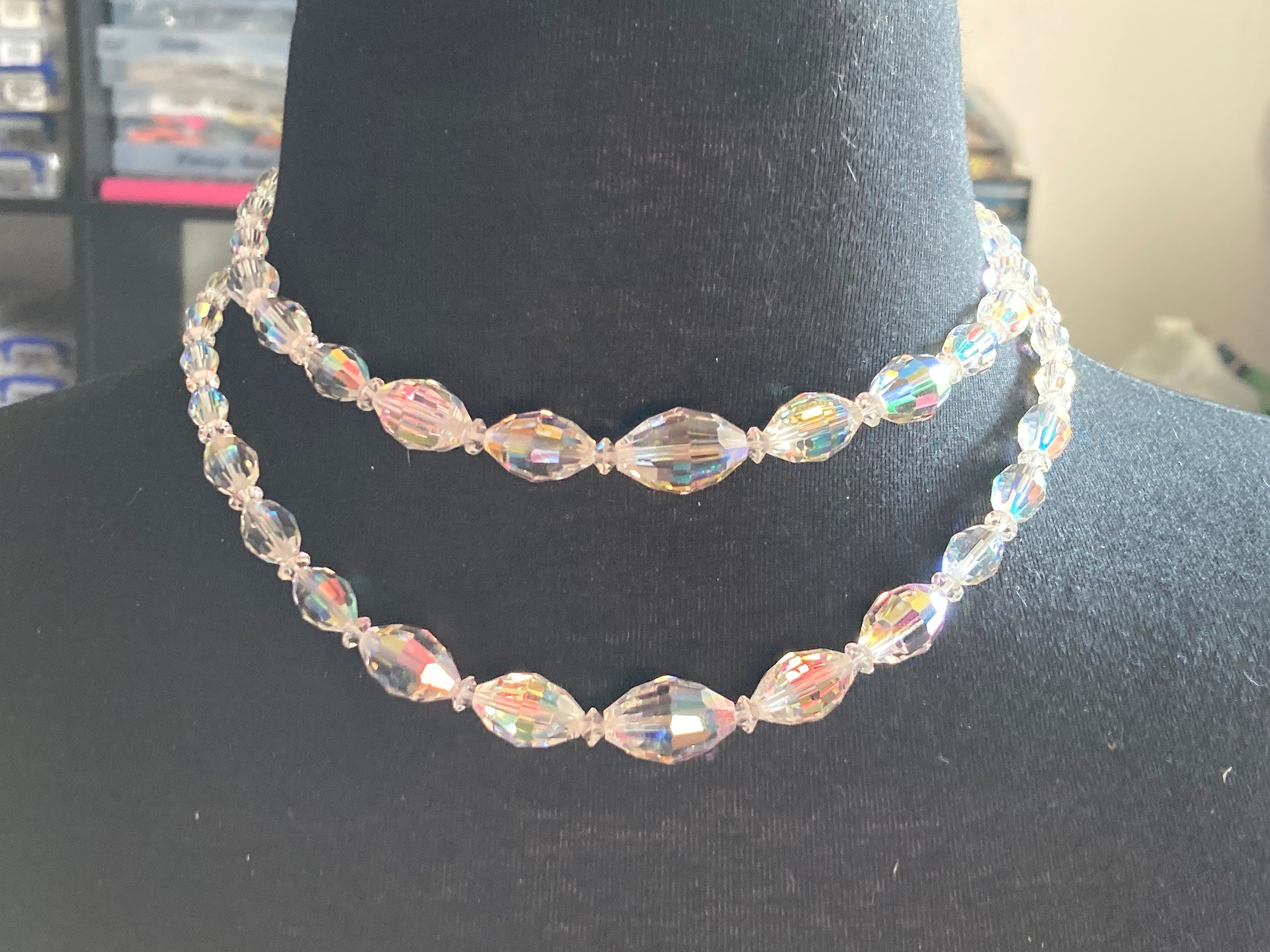 clear bicone AB rainbow Aurora borealis glass Crystal 2 row double strand beaded necklace choker festoon mid century