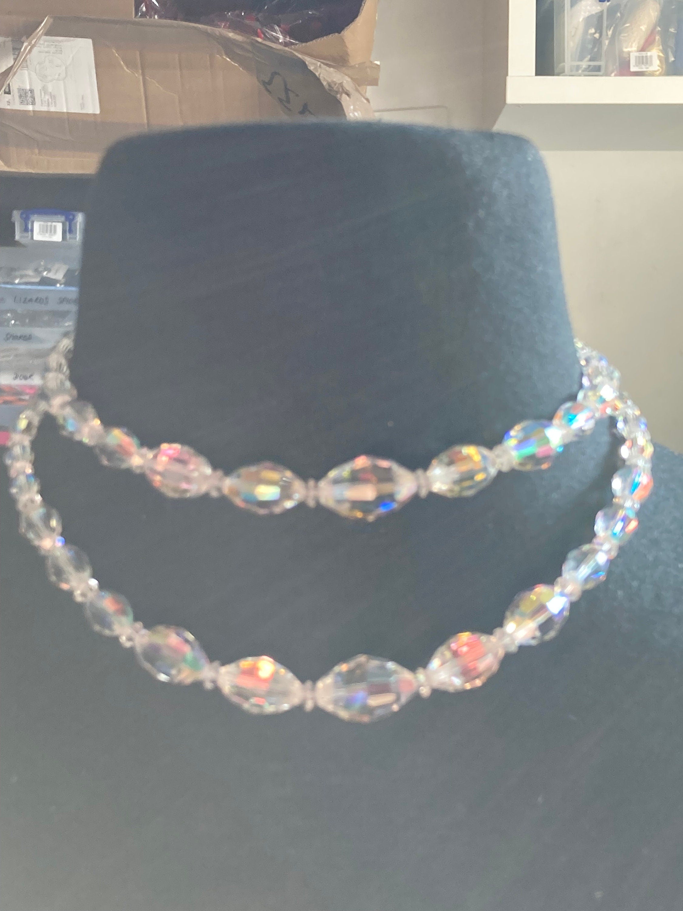 clear bicone AB rainbow Aurora borealis glass Crystal 2 row double strand beaded necklace choker festoon mid century