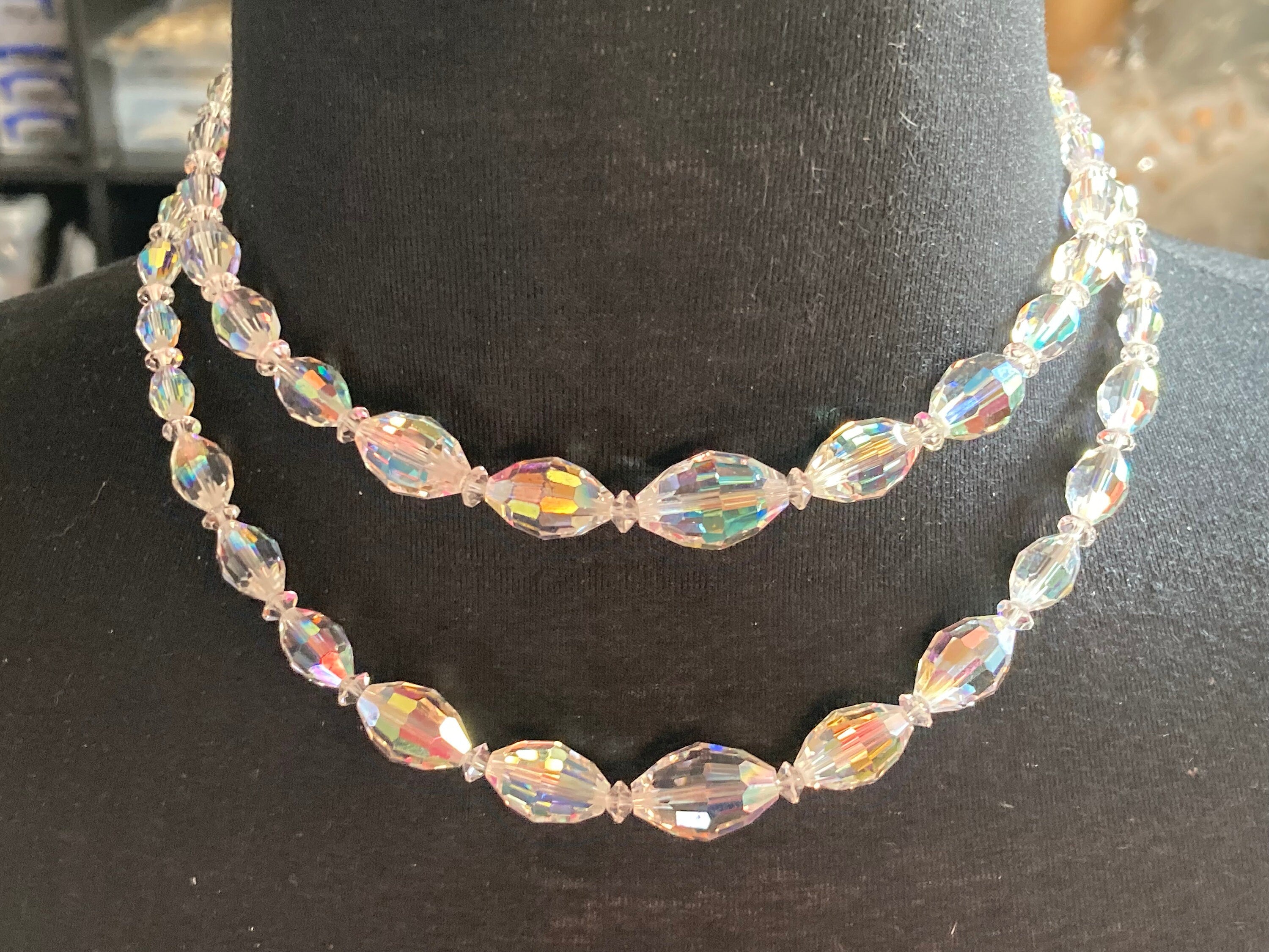 clear bicone AB rainbow Aurora borealis glass Crystal 2 row double strand beaded necklace choker festoon mid century