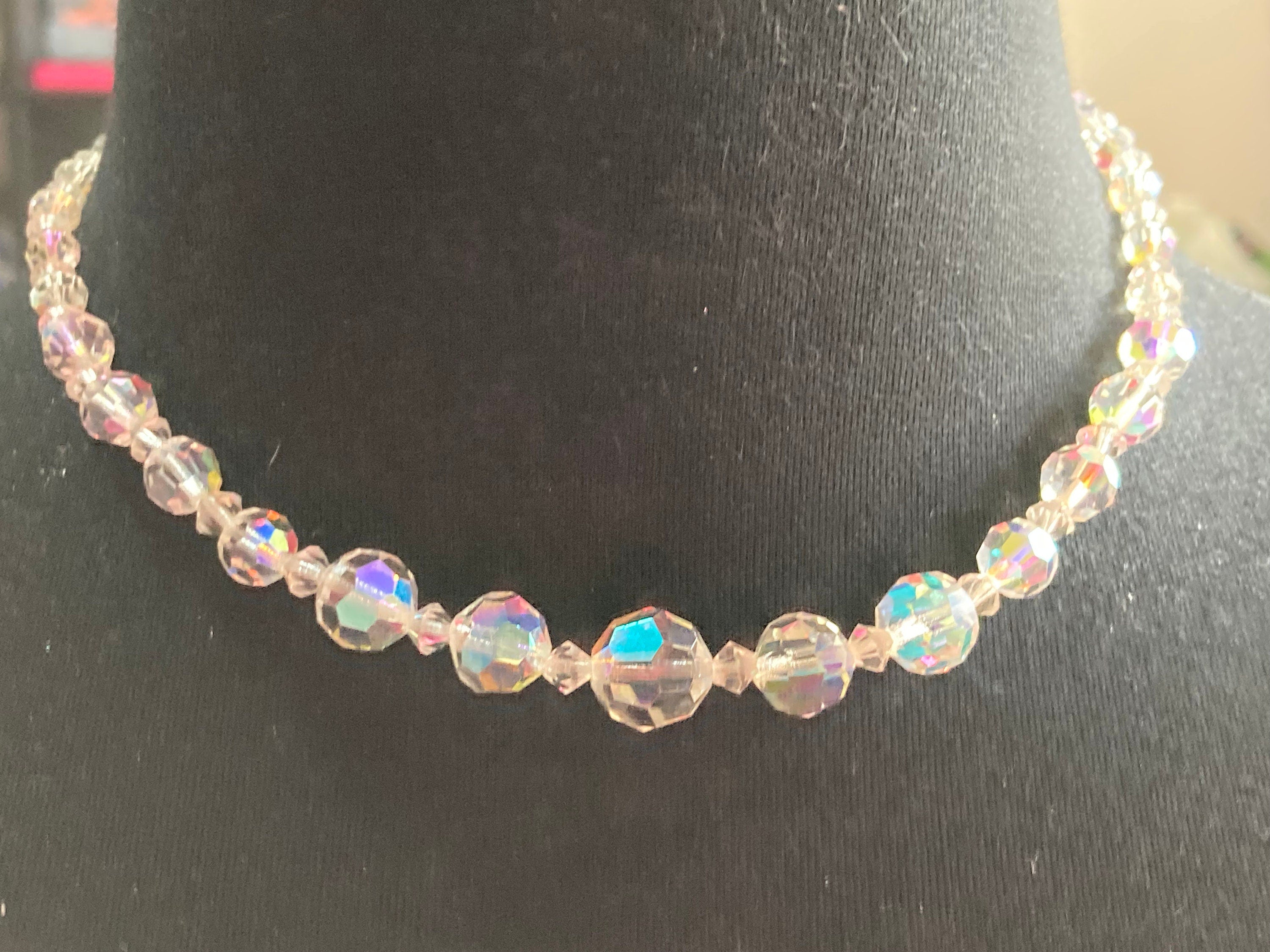 Art Deco clear aB Aurora borealis glass Crystal beaded necklace Collar mid century