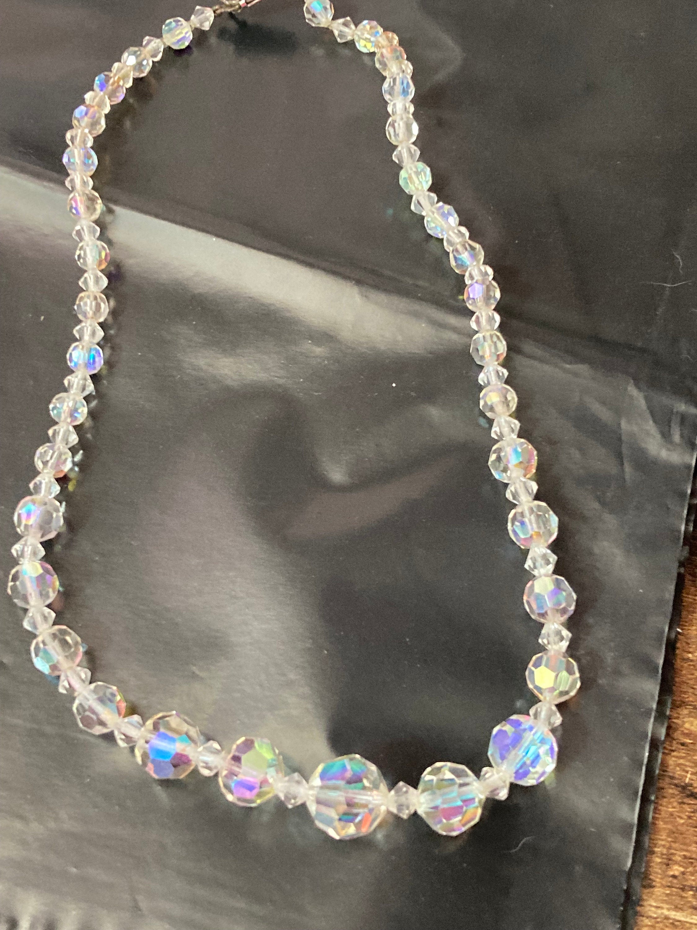 Art Deco clear aB Aurora borealis glass Crystal beaded necklace Collar mid century
