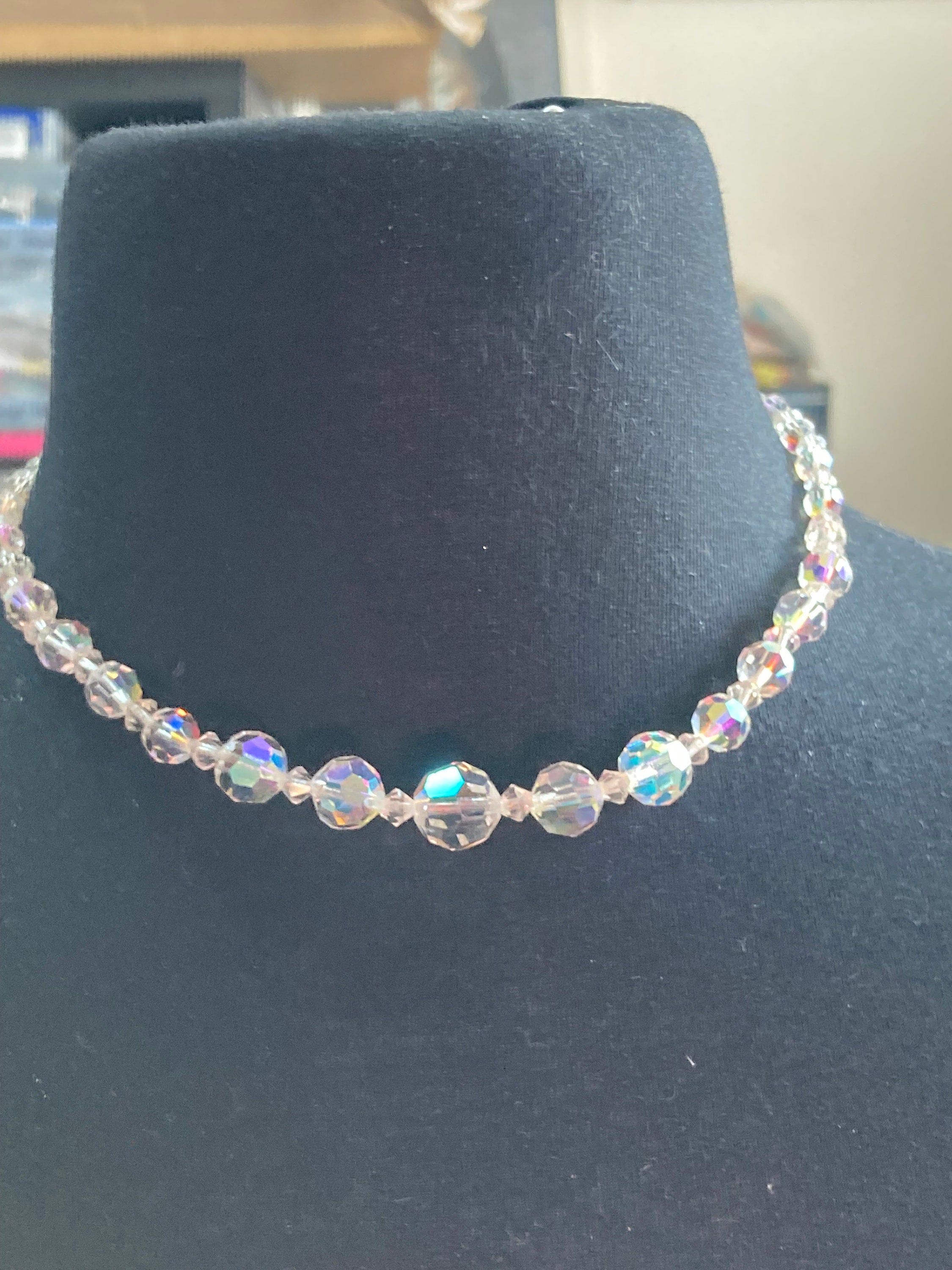 Art Deco clear aB Aurora borealis glass Crystal beaded necklace Collar mid century