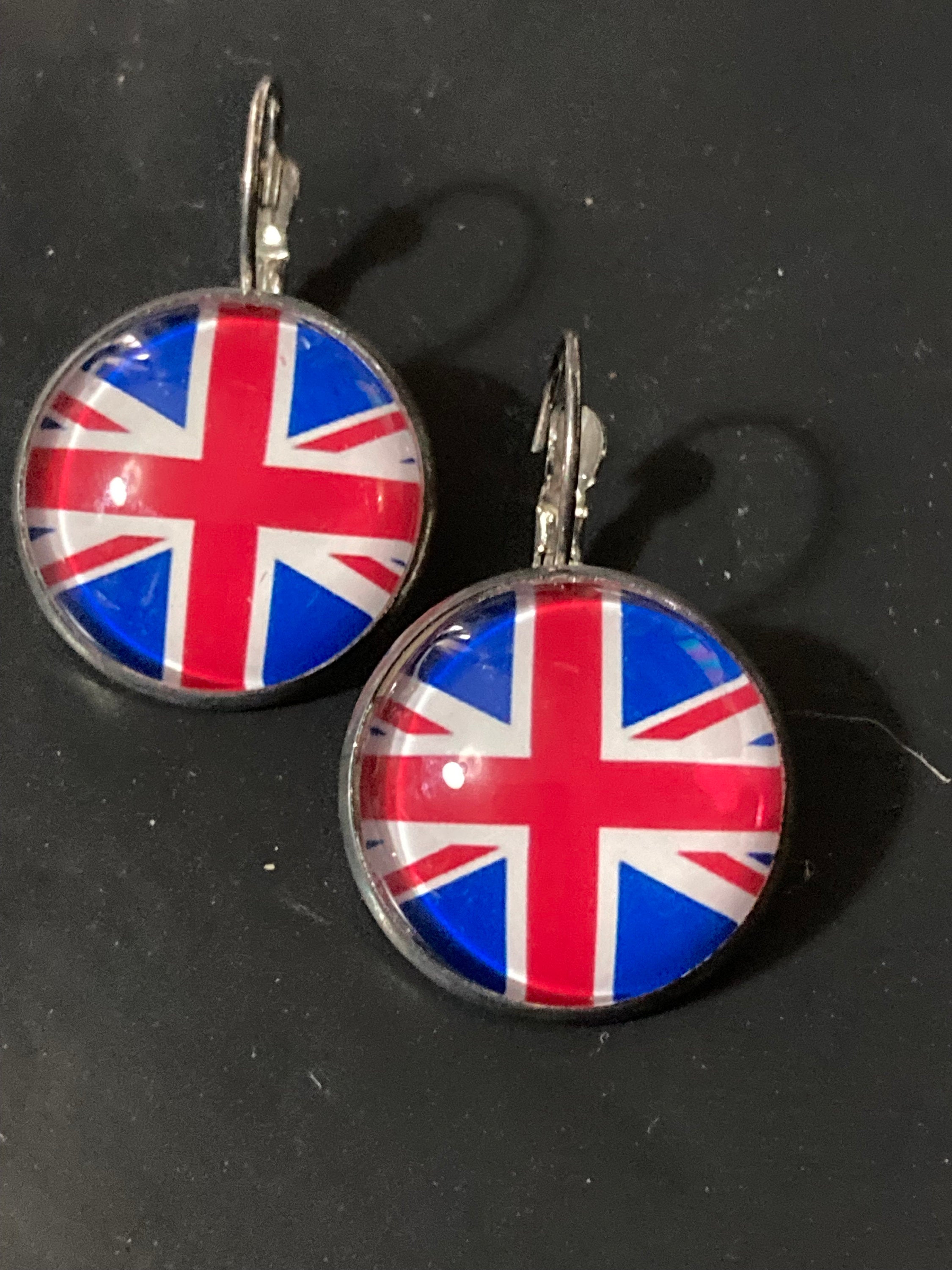 20mm Union Jack glass cabochon earrings UK British flag round silver tone handmade