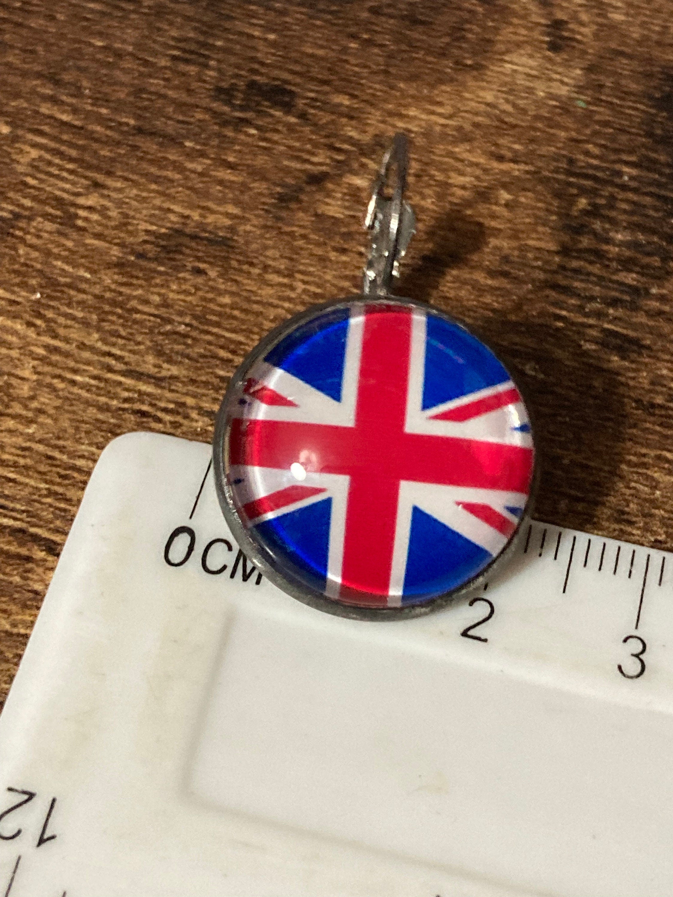 20mm Union Jack glass cabochon earrings UK British flag round silver tone handmade