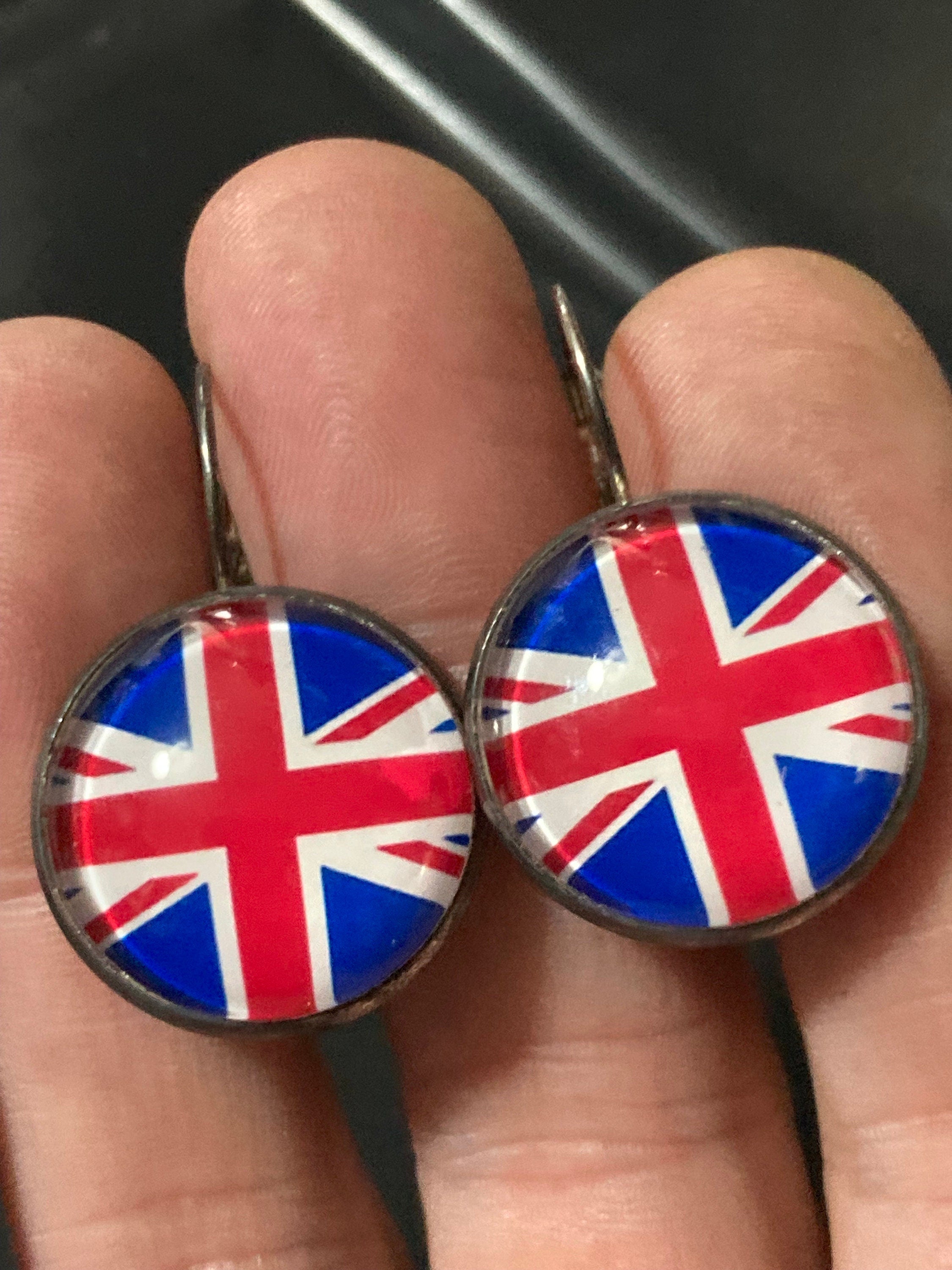 20mm Union Jack glass cabochon earrings UK British flag round silver tone handmade