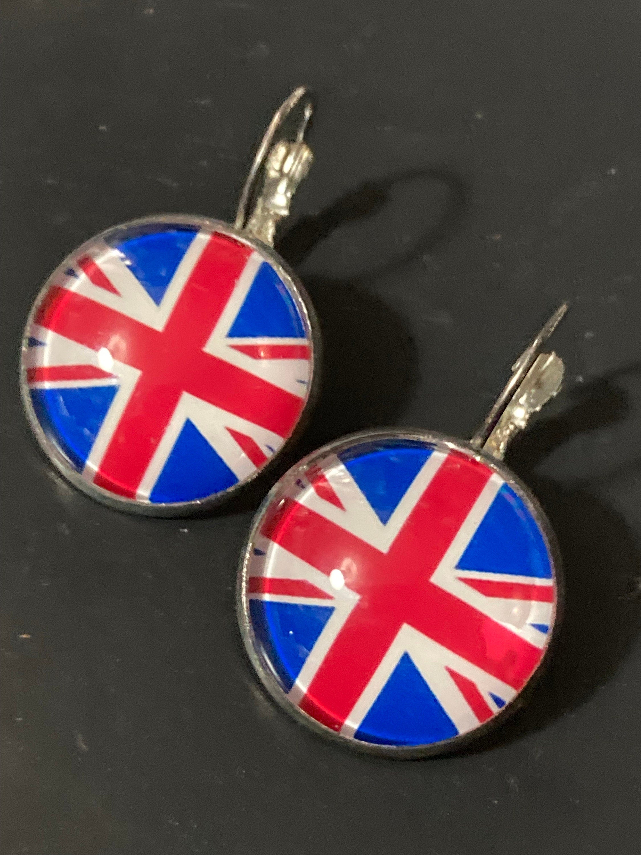 20mm Union Jack glass cabochon earrings UK British flag round silver tone handmade