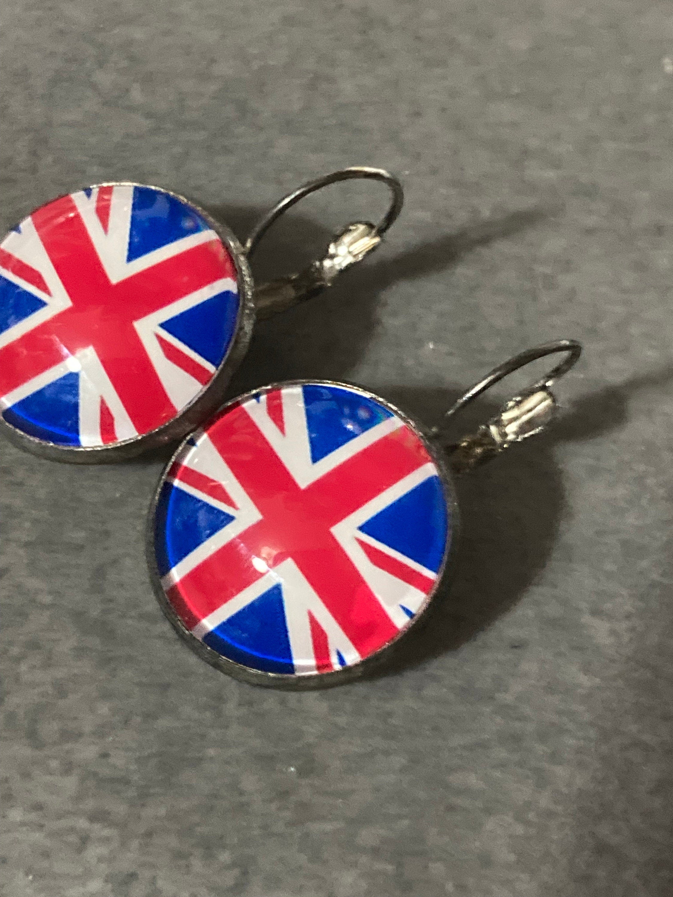 20mm Union Jack glass cabochon earrings UK British flag round silver tone handmade