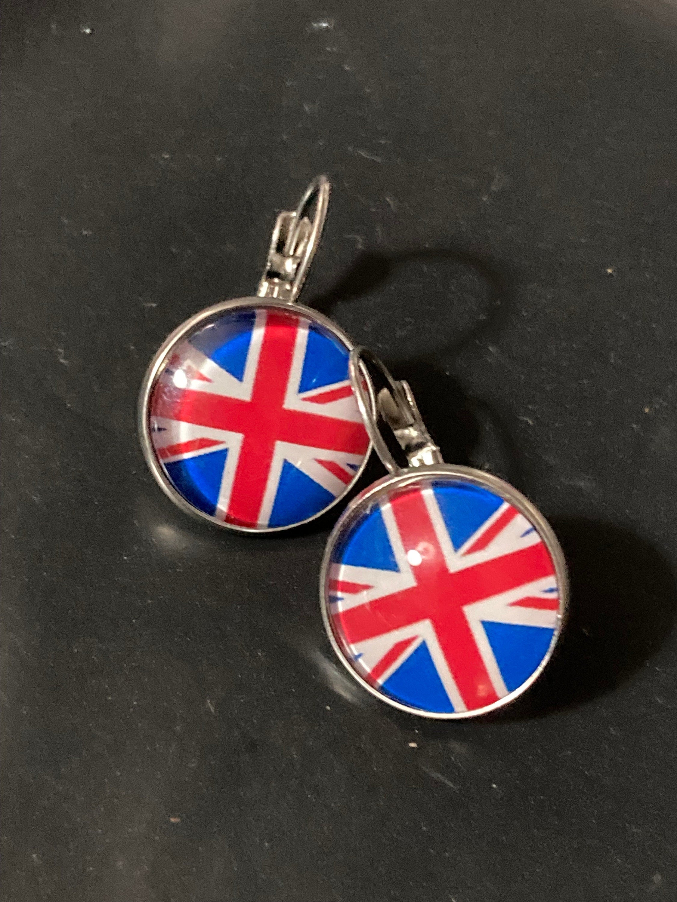 16mm Union Jack glass cabochon earrings UK British flag round silver tone handmade