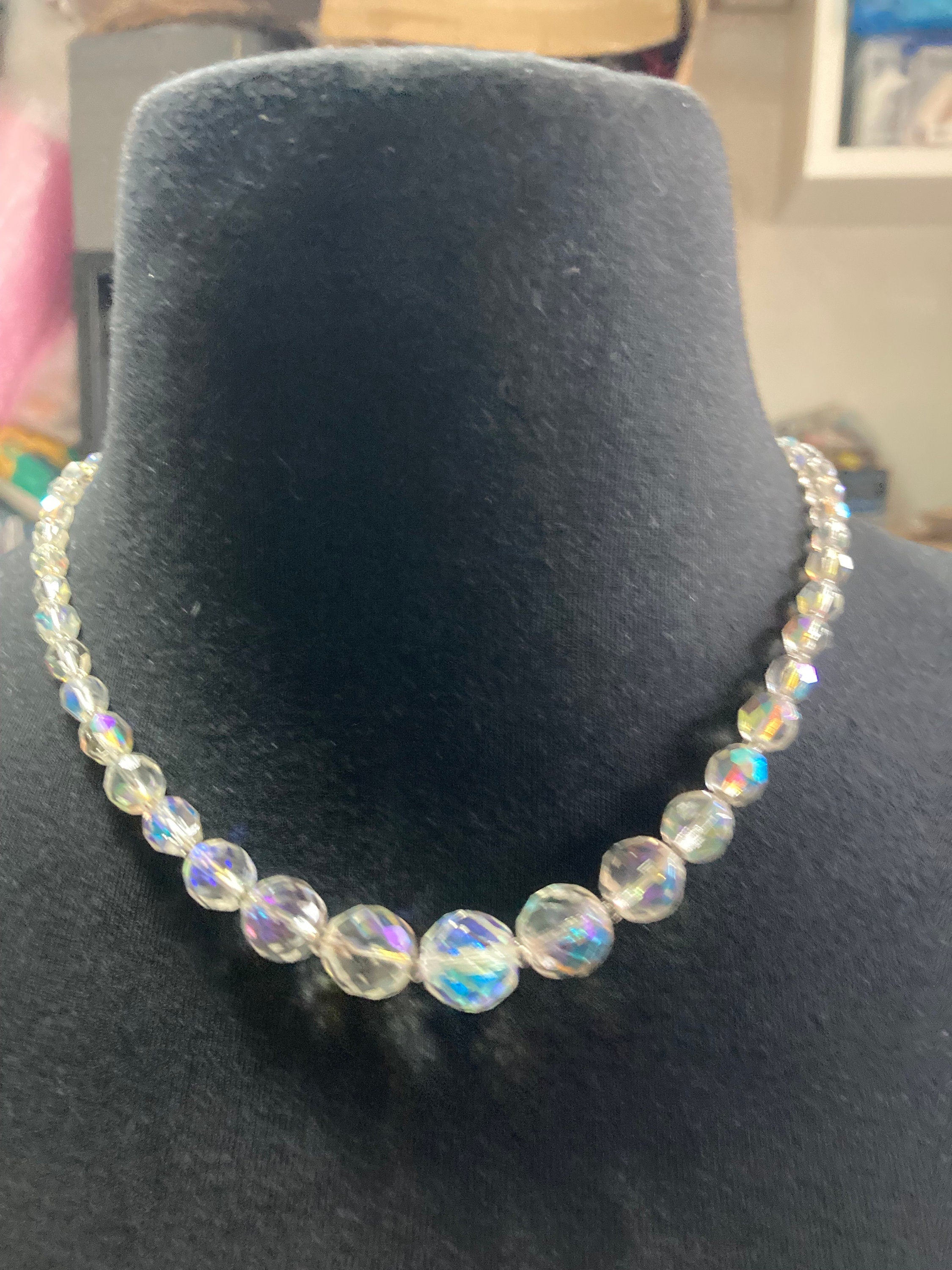 Art Deco clear aB Aurora borealis glass Crystal beaded necklace Collar mid century