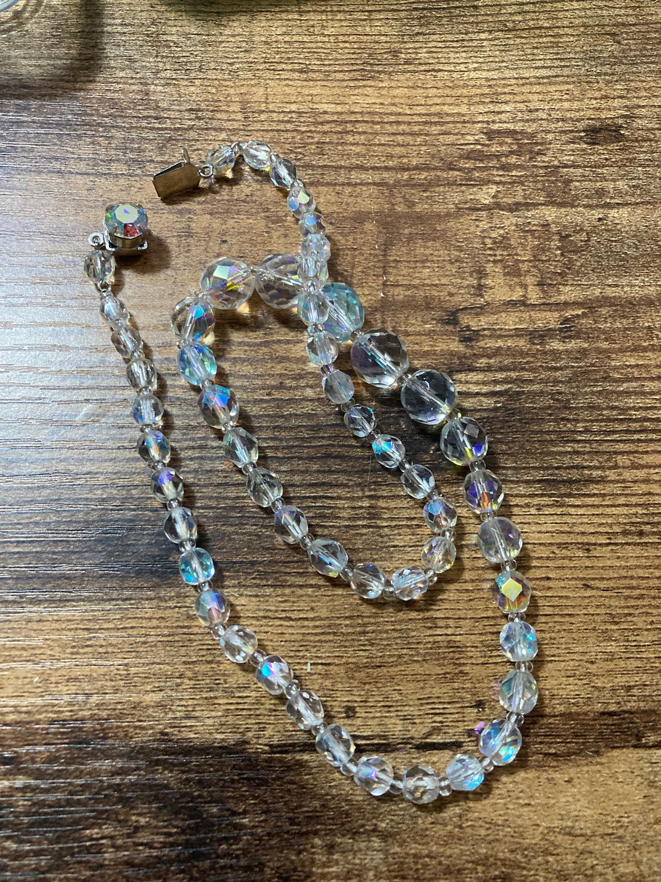 Art Deco clear aB Aurora borealis glass Crystal beaded necklace Collar mid century
