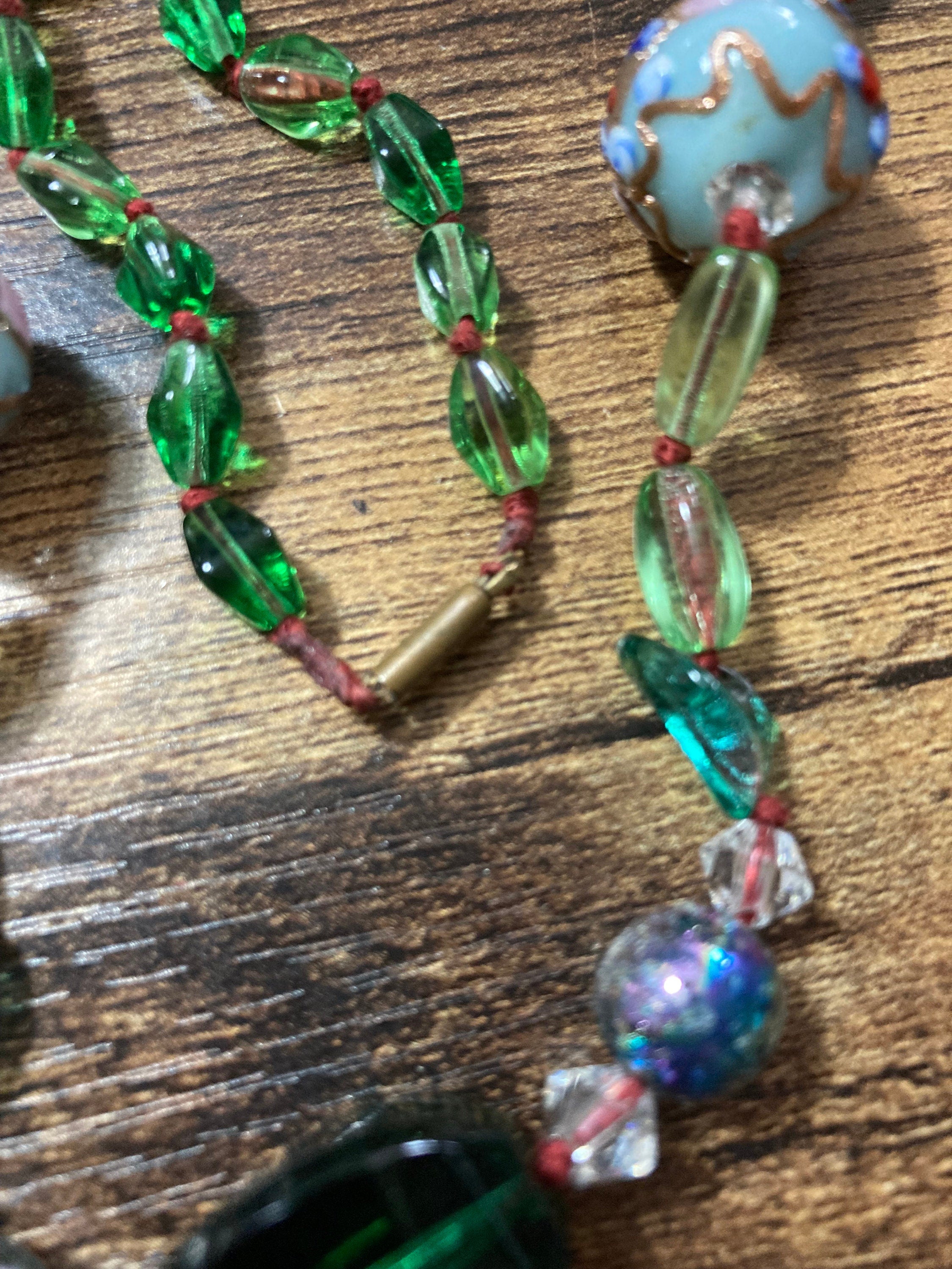art Deco Czech glass and crystal emerald green 72cm wedding cake beads Necklace Antique 1920s