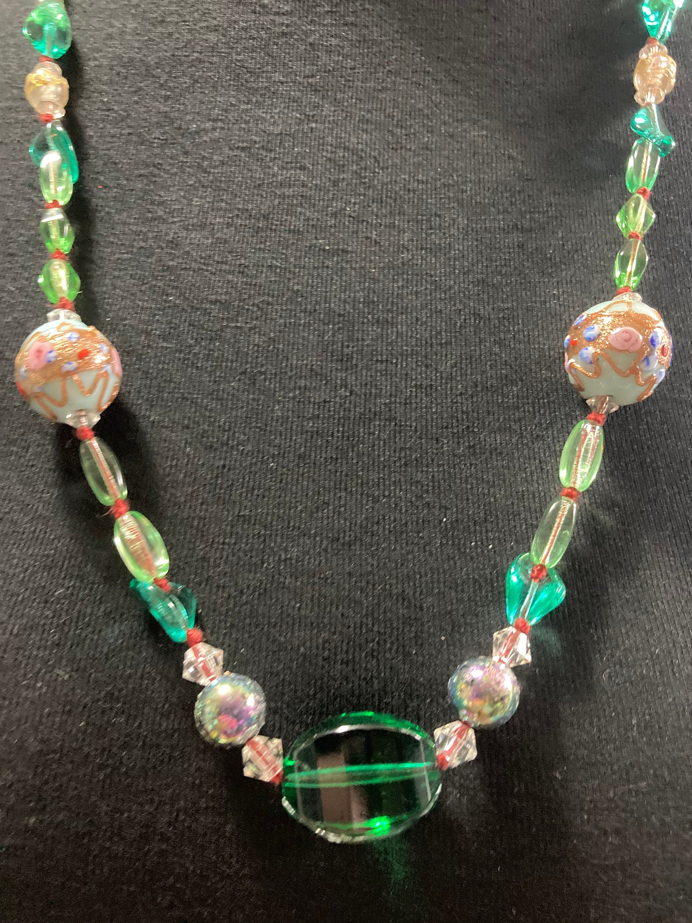 art Deco Czech glass and crystal emerald green 72cm wedding cake beads Necklace Antique 1920s