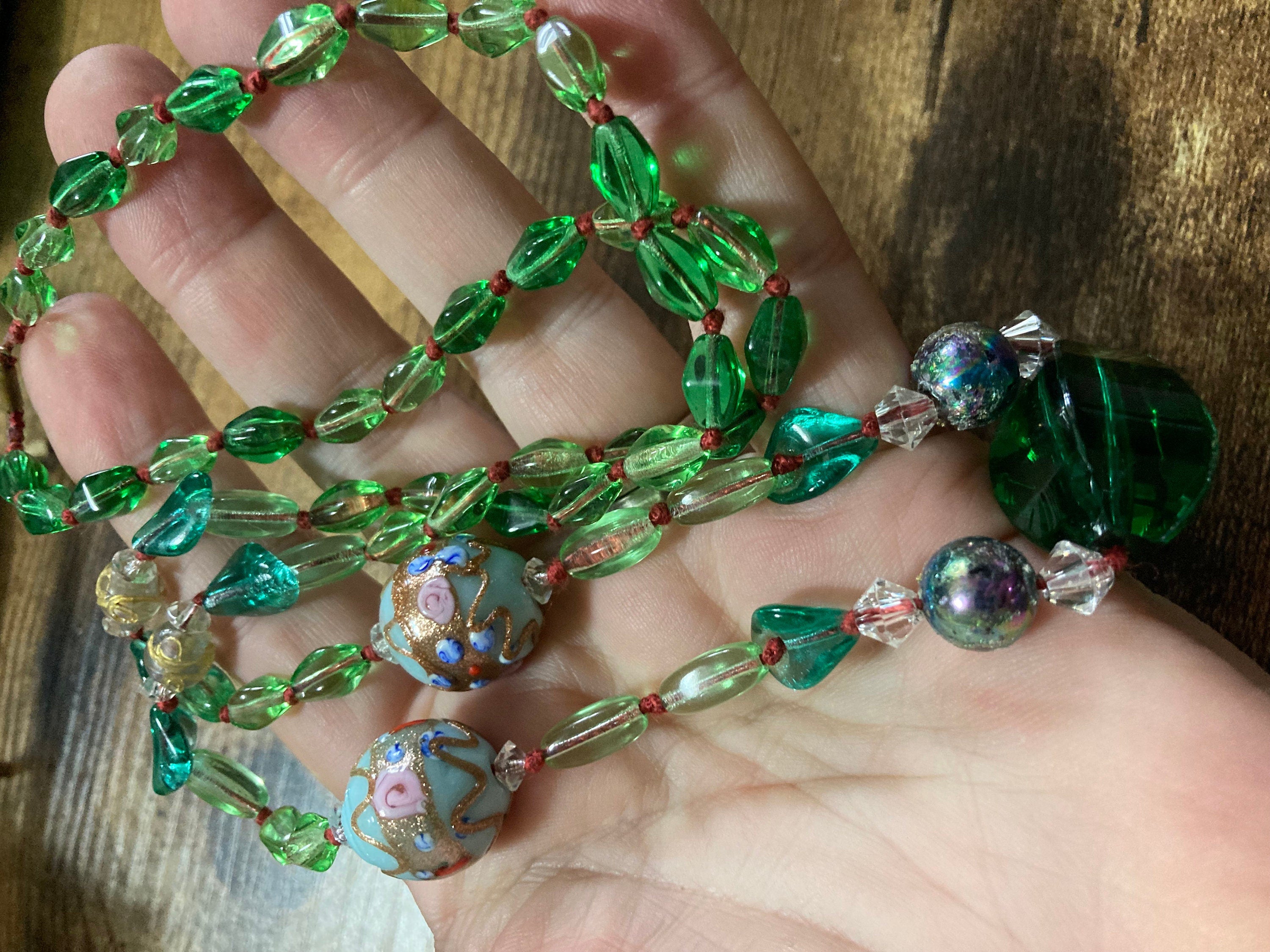art Deco Czech glass and crystal emerald green 72cm wedding cake beads Necklace Antique 1920s