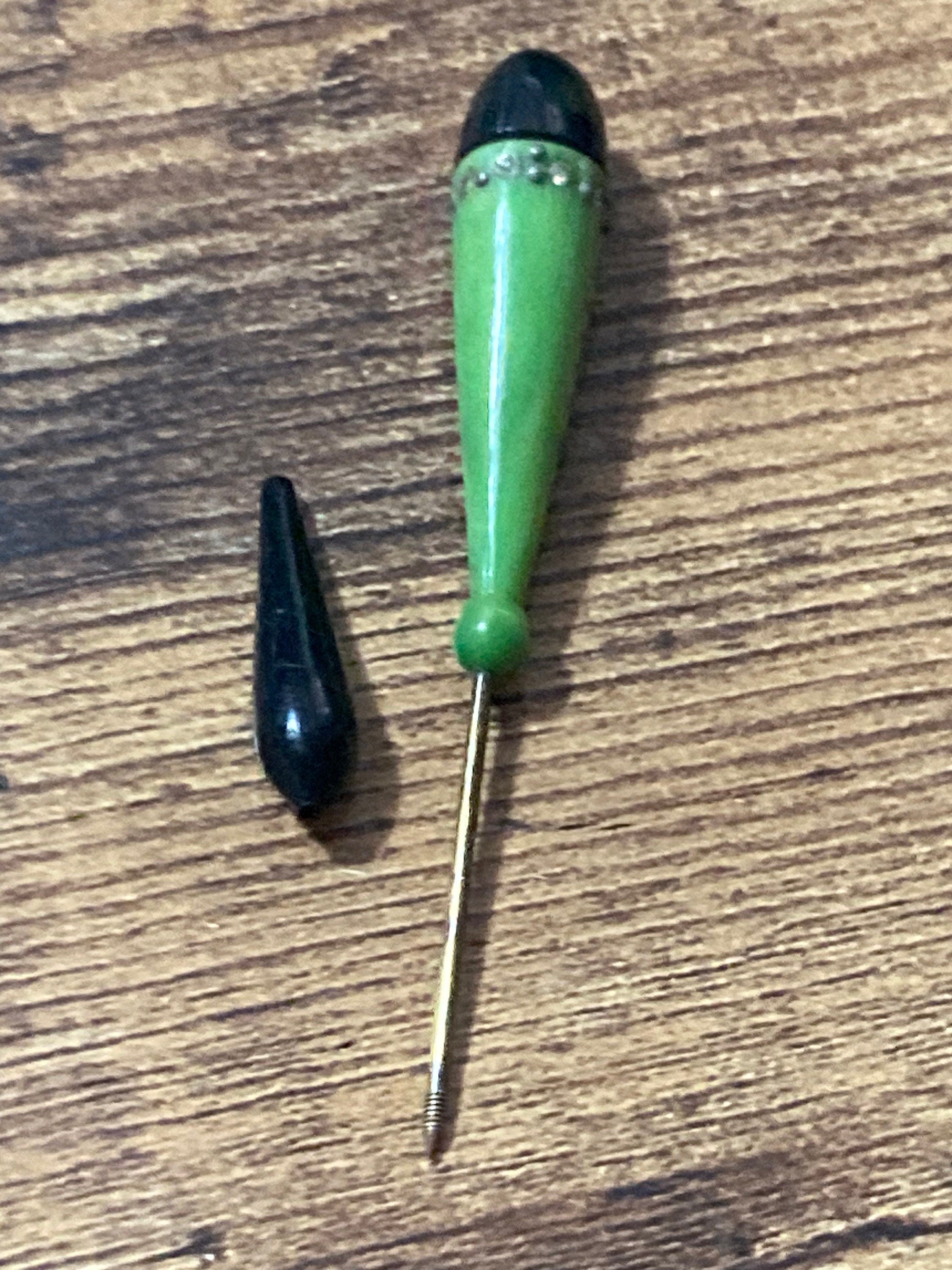 True Art Deco French bright green pique work galalith hat flash diamanté paste rhinestone jabot pin