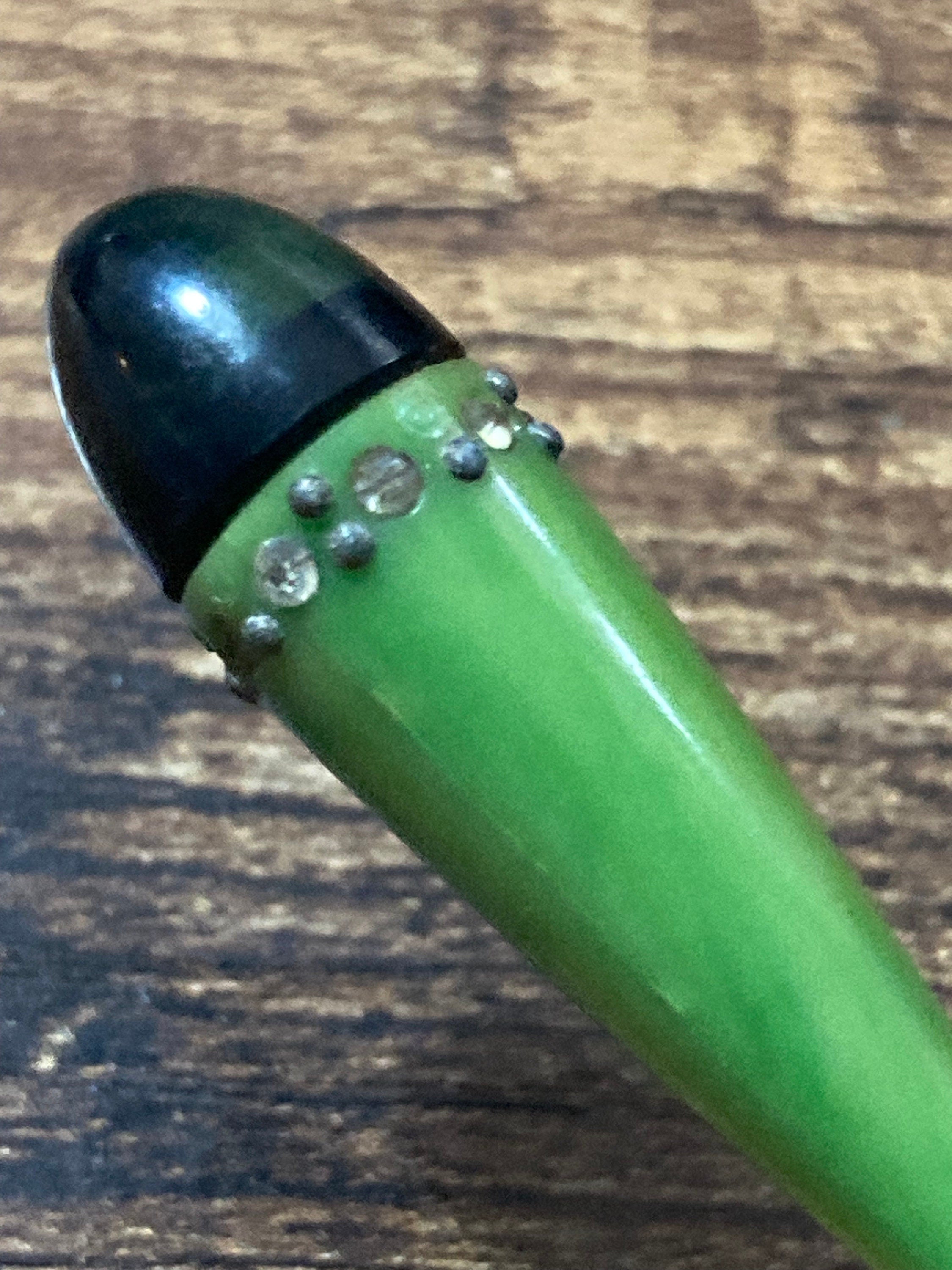 True Art Deco French bright green pique work galalith hat flash diamanté paste rhinestone jabot pin
