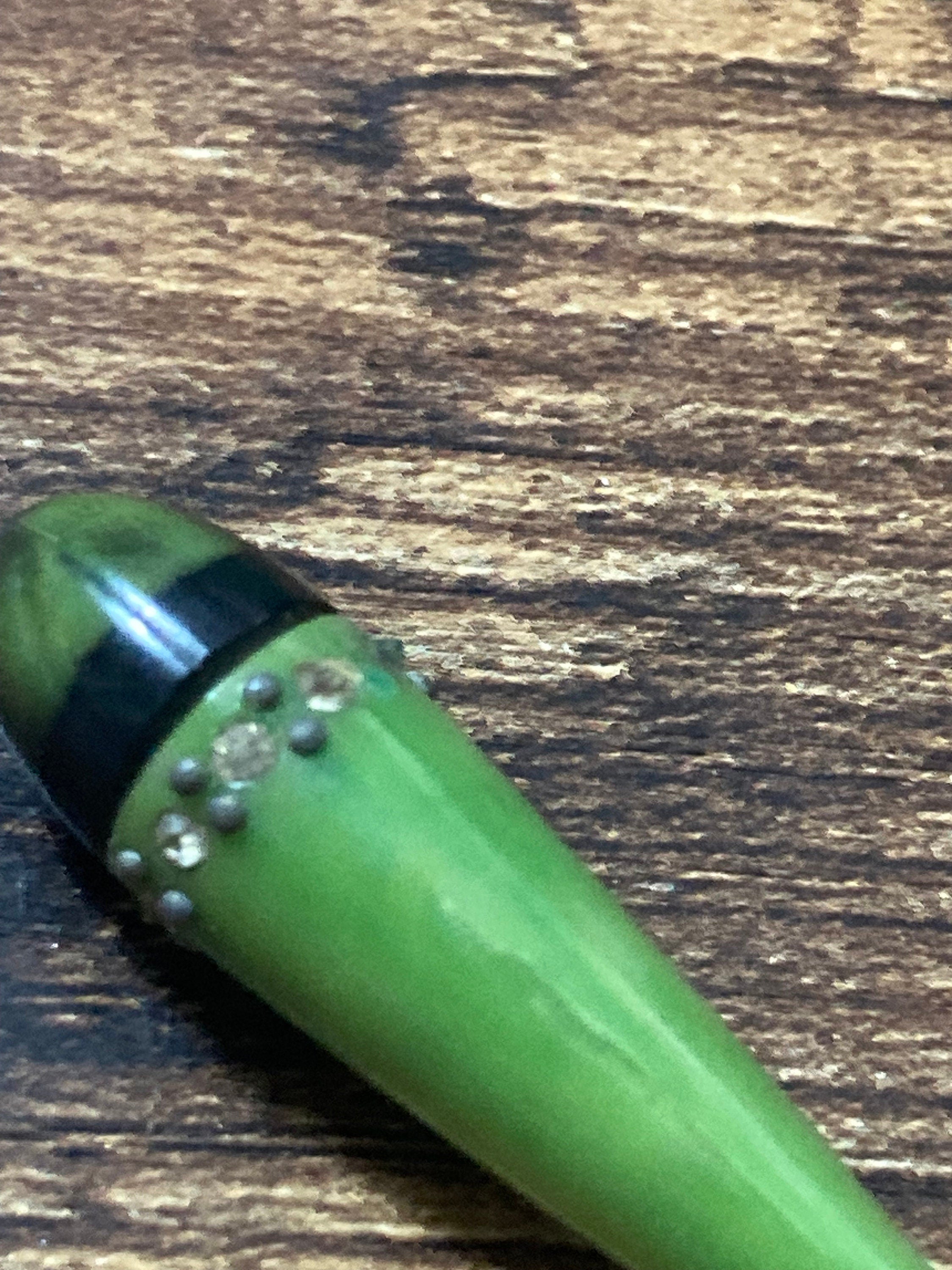 True Art Deco French bright green pique work galalith hat flash diamanté paste rhinestone jabot pin