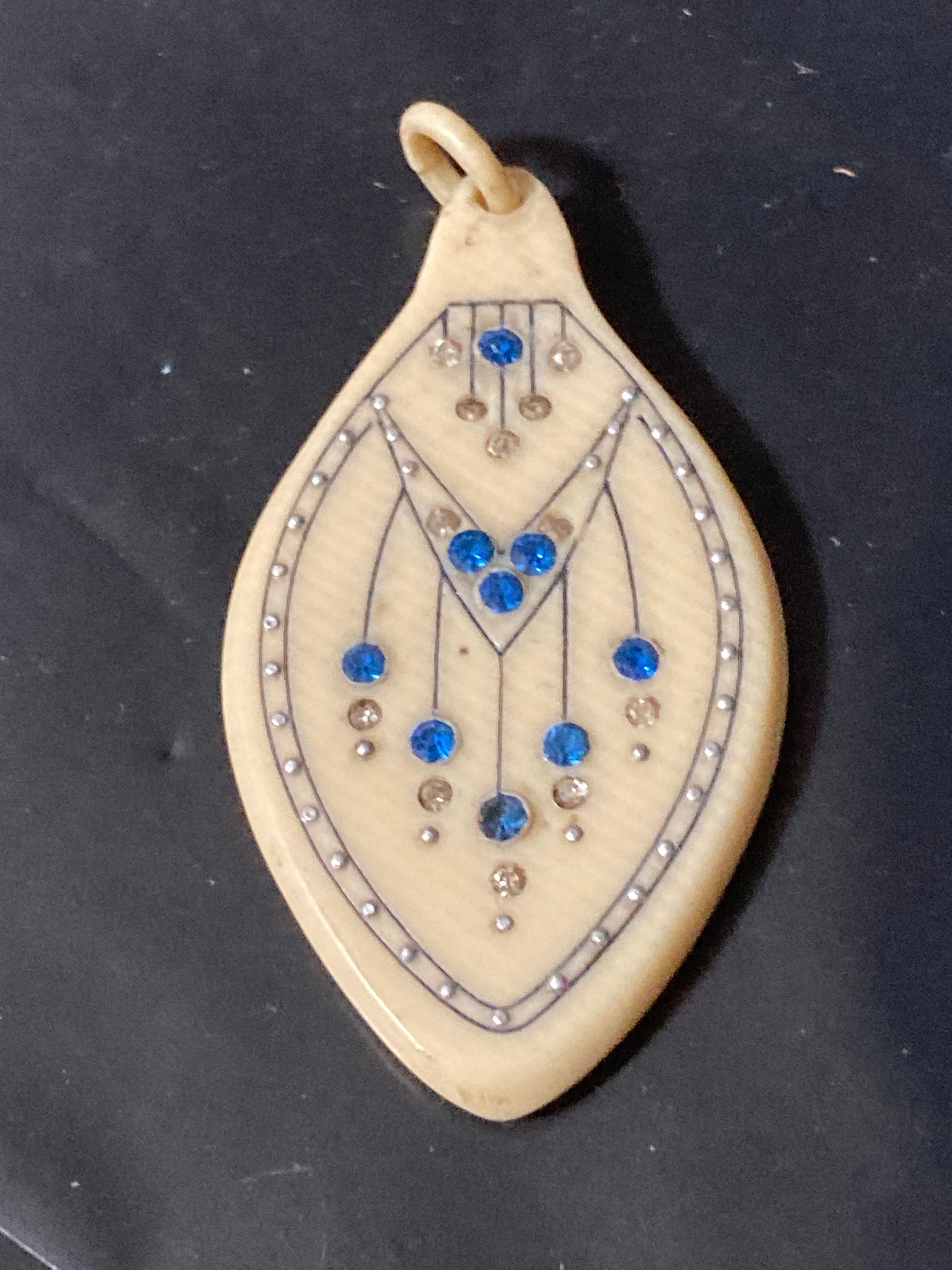 True art deco cream celluloid pique work sapphire blue paste large pendant Bakelite early plastic