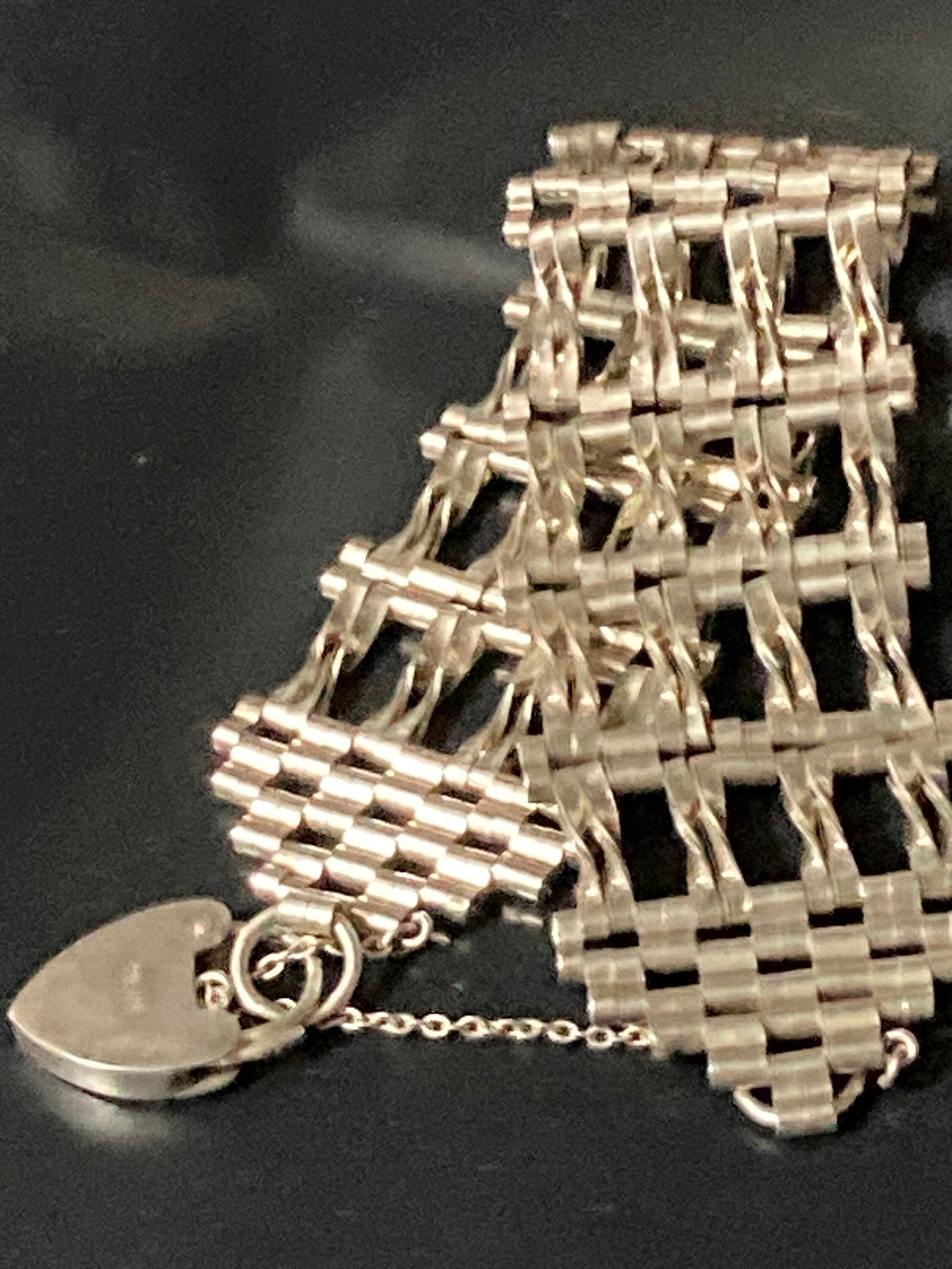 Vintage 925 sterling silver double 4 bar gate bracelet with heart padlock and safety chain