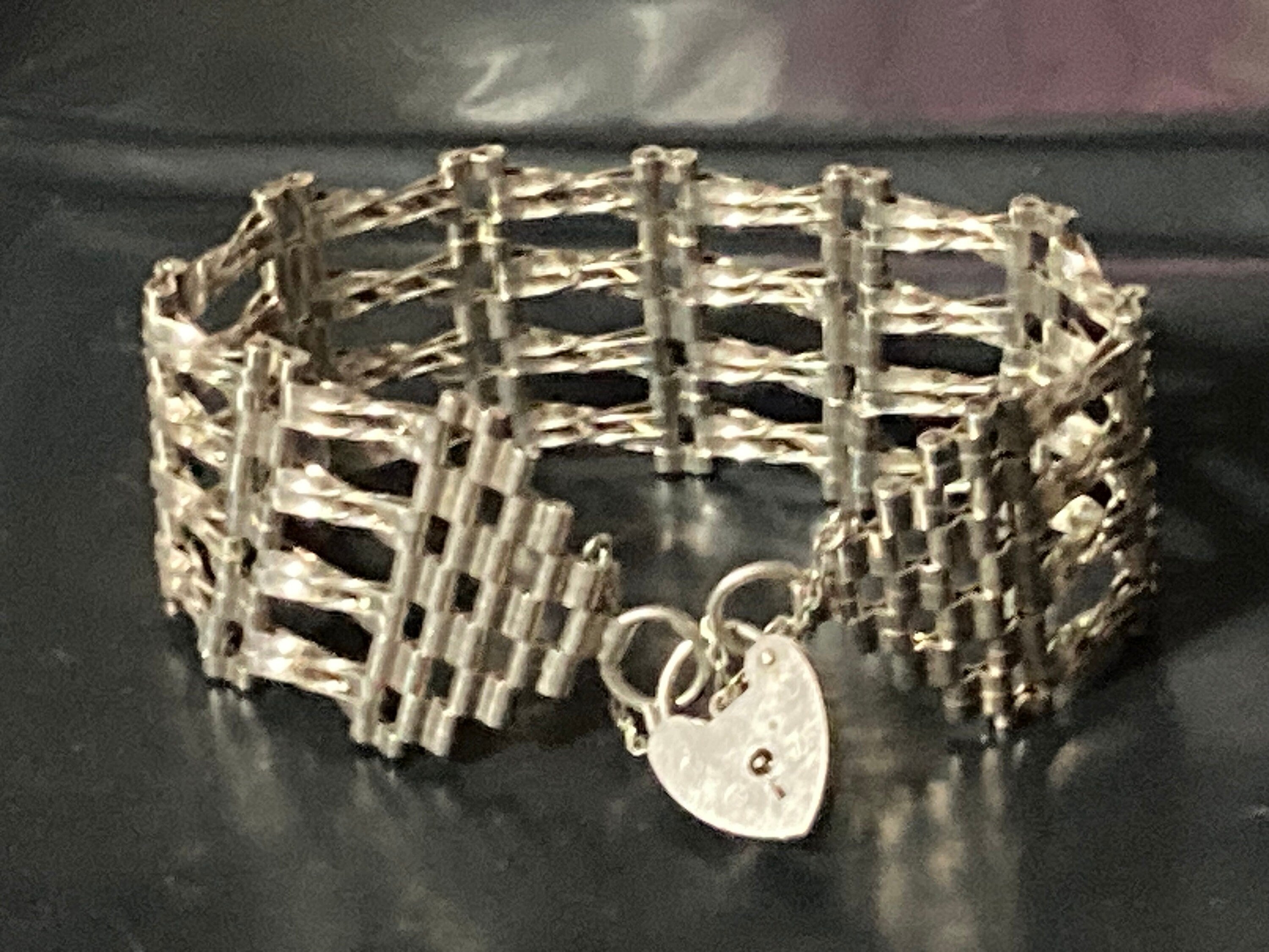Vintage 925 sterling silver double 4 bar gate bracelet with heart padlock and safety chain