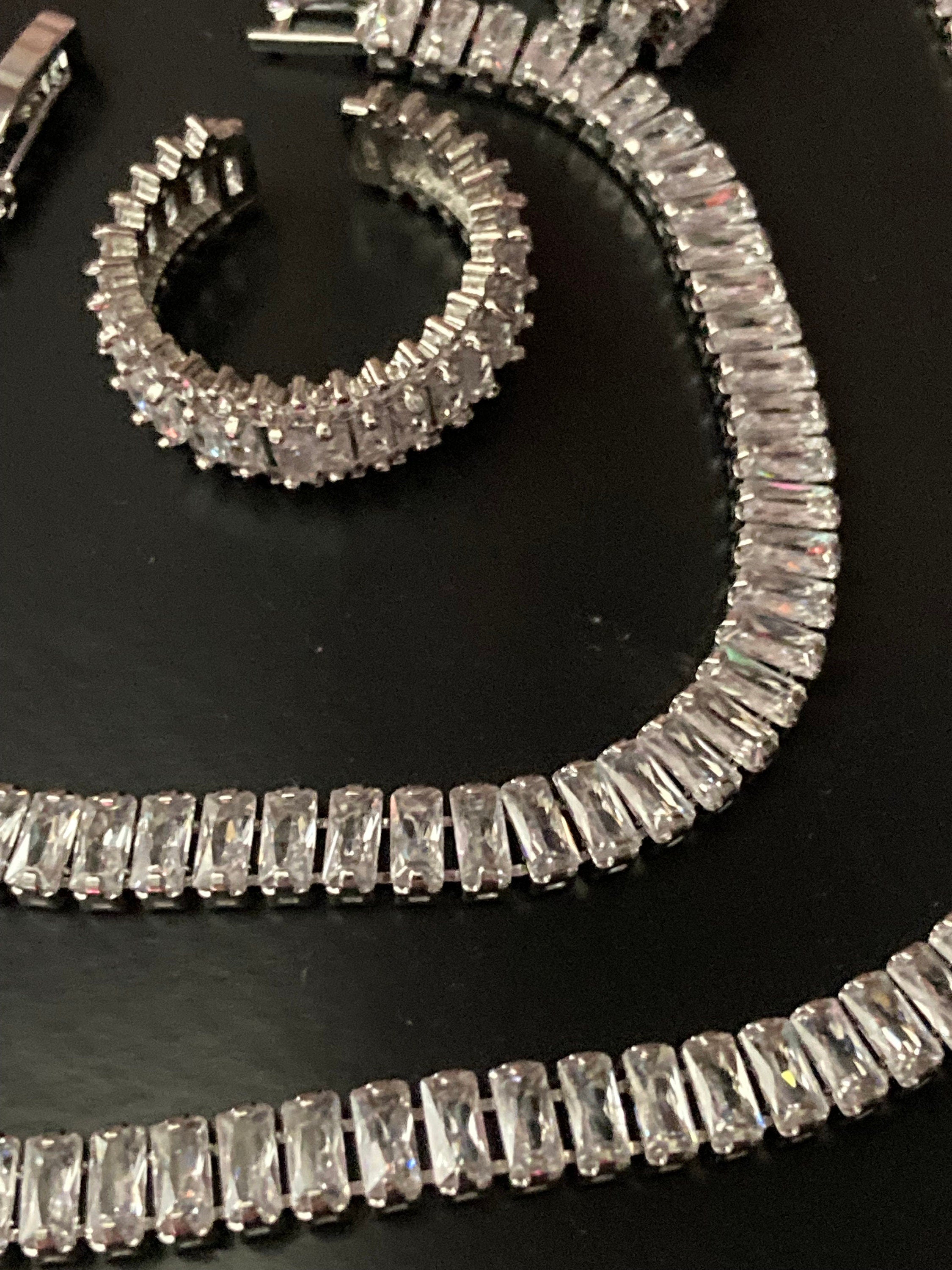 clear diamanté CZ Crystal bezel jewellery set Silver plated necklace, ring, tennis bracelet and pierced earrings