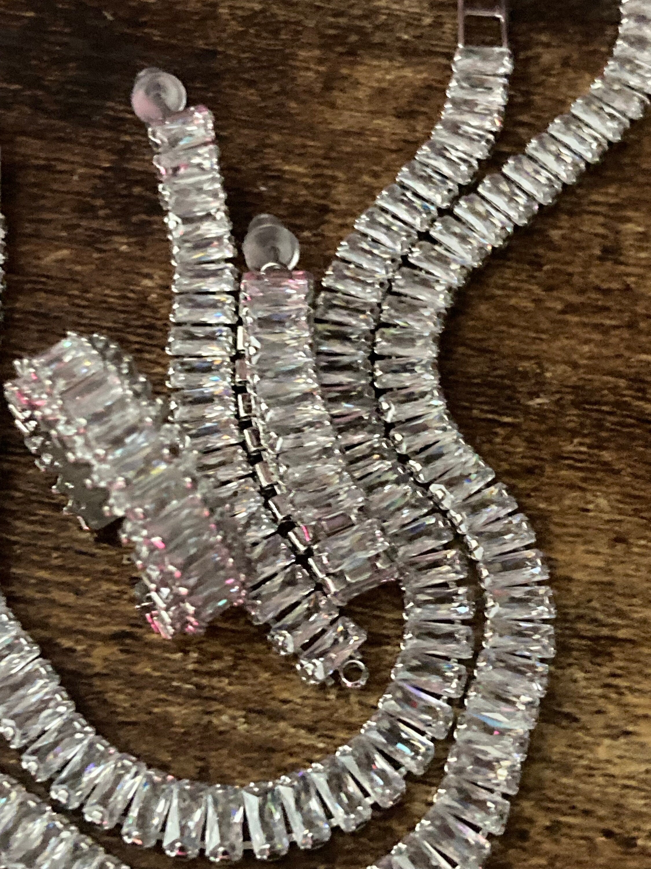 clear diamanté CZ Crystal bezel jewellery set Silver plated necklace, ring, tennis bracelet and pierced earrings