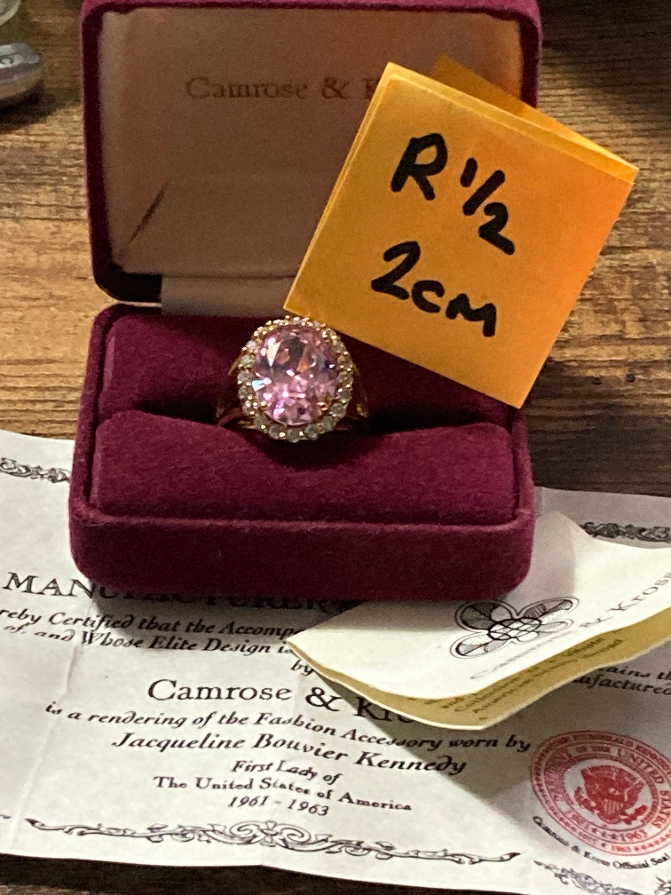 JBK Jacqueline Kennedy Vintage Pink Crystal Cocktail Ring - Size R.5