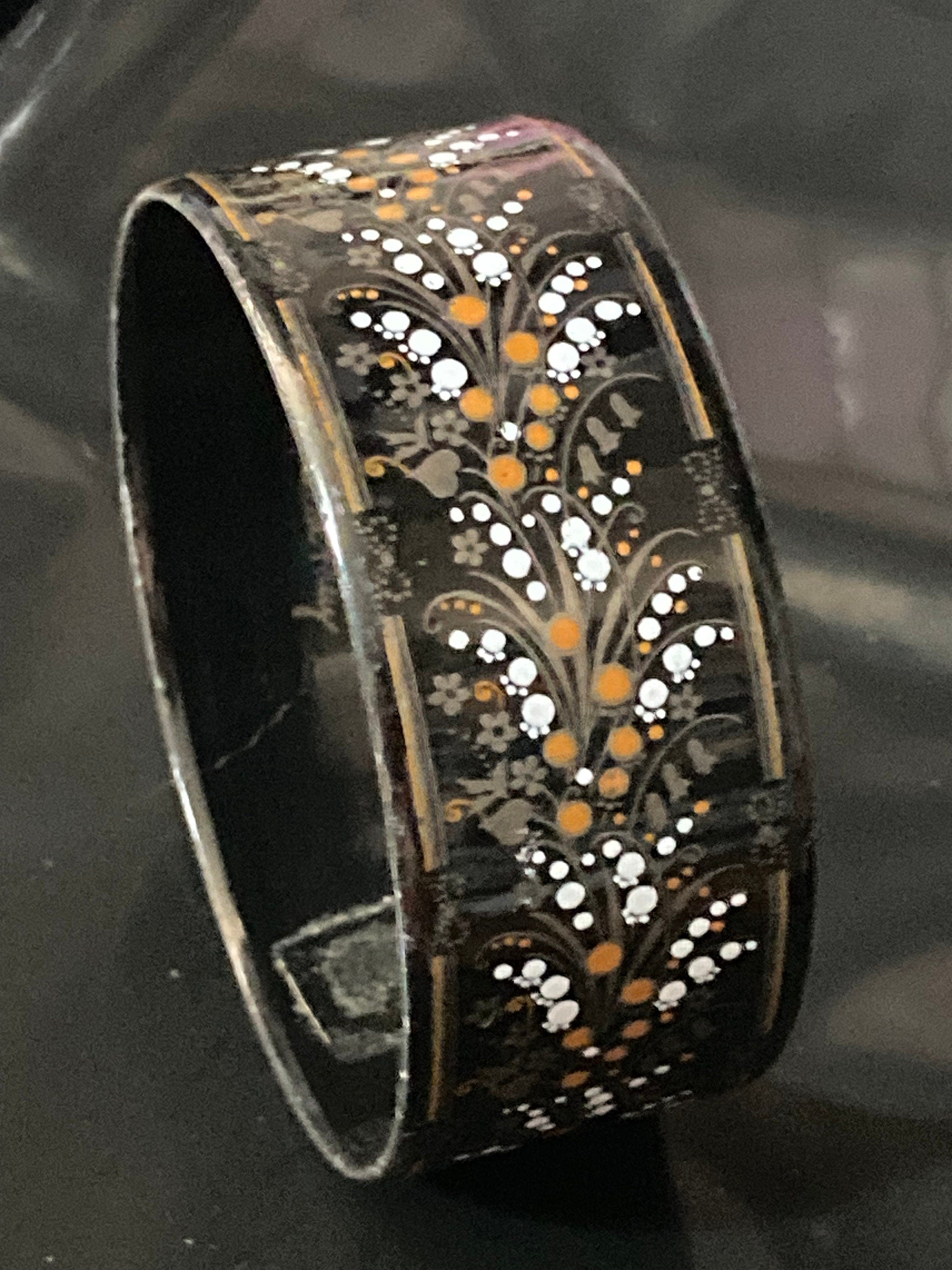 Vintage Michaela Frey black enamel floral bangle lily if the valley design from Austria