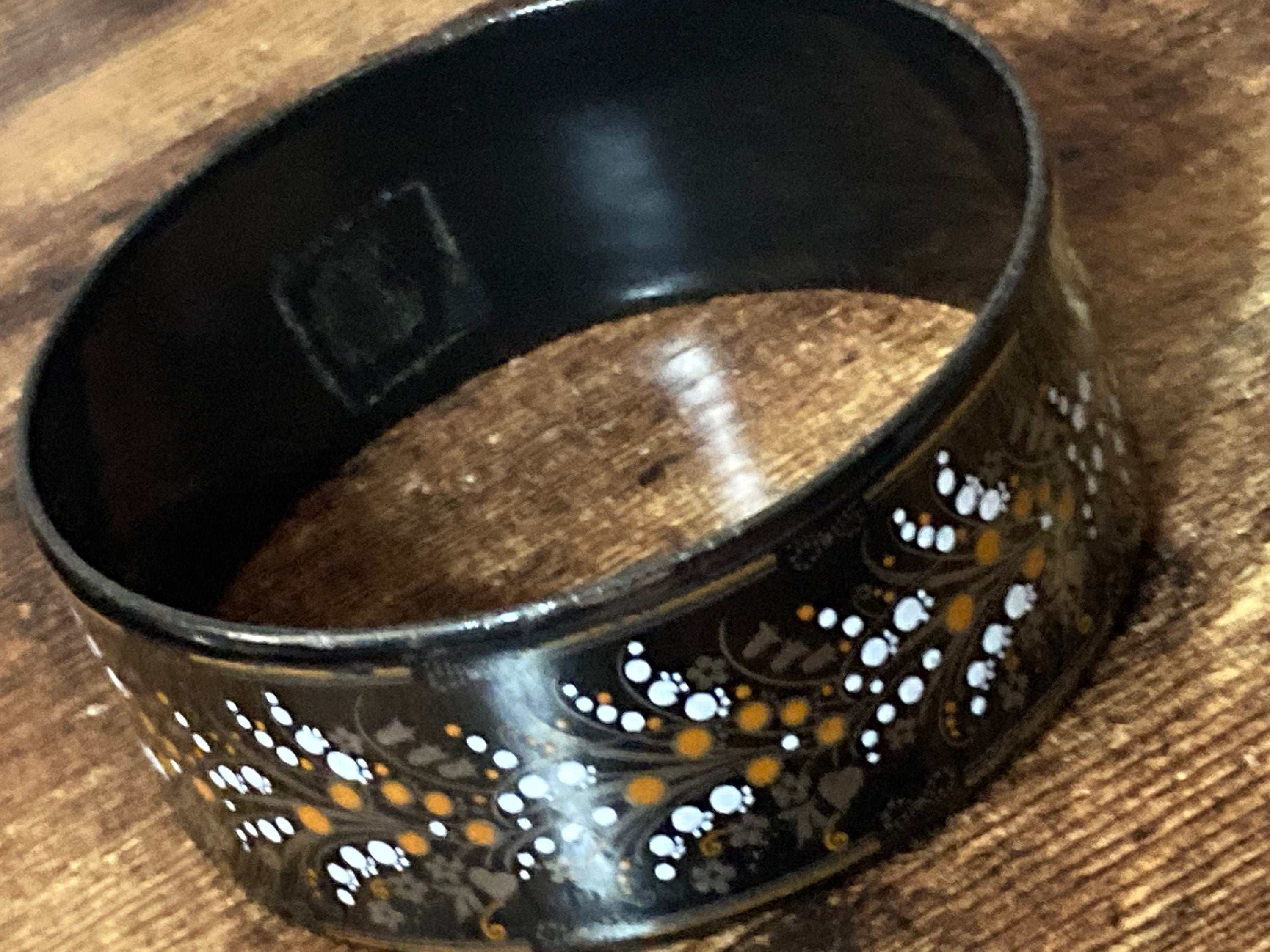 Vintage Michaela Frey black enamel floral bangle lily if the valley design from Austria