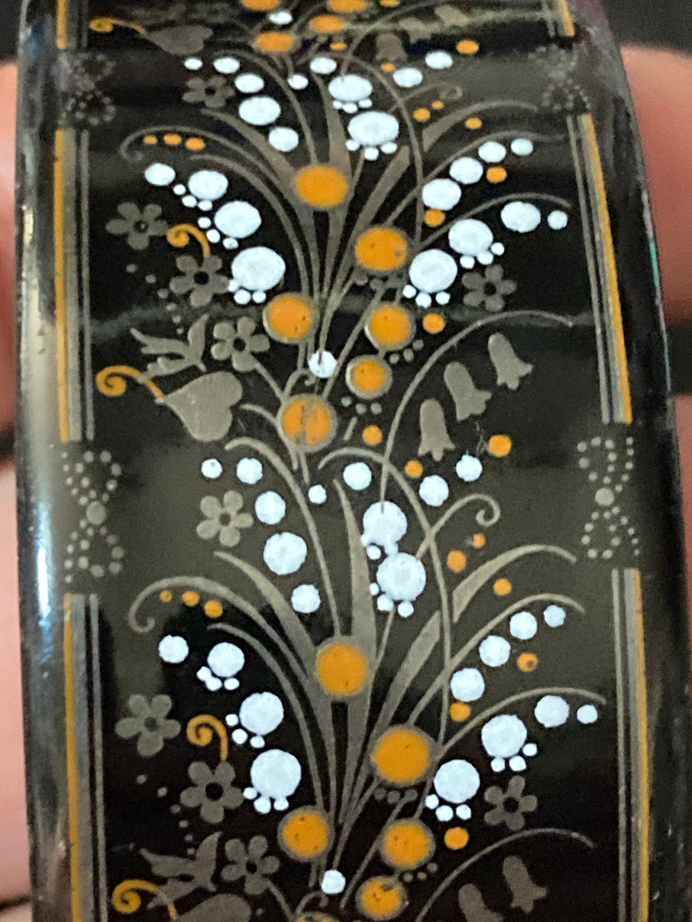 Vintage Michaela Frey black enamel floral bangle lily if the valley design from Austria