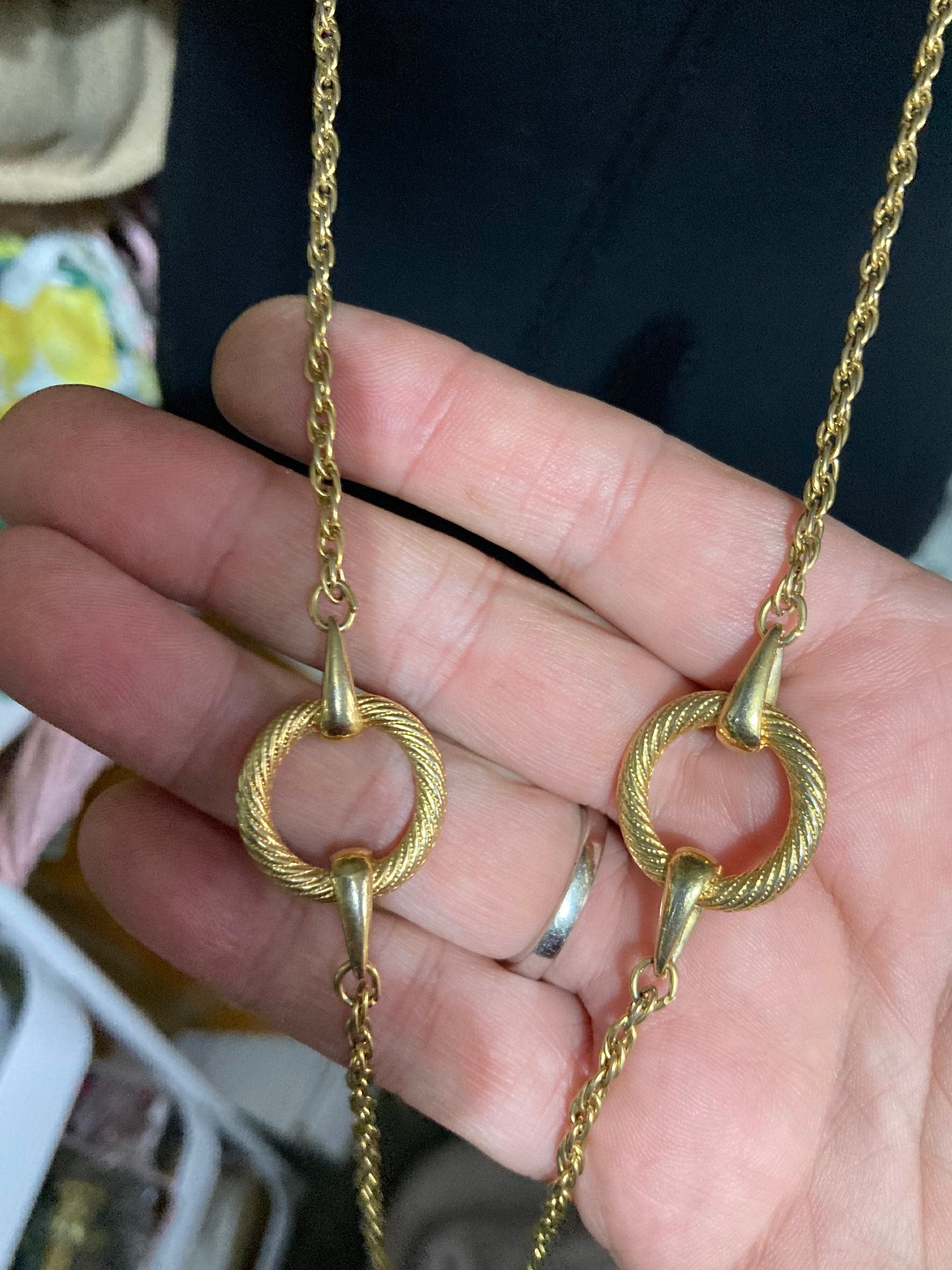 Signed d’orlan designer flapper length 135cm gold plated long hoops station chain necklace