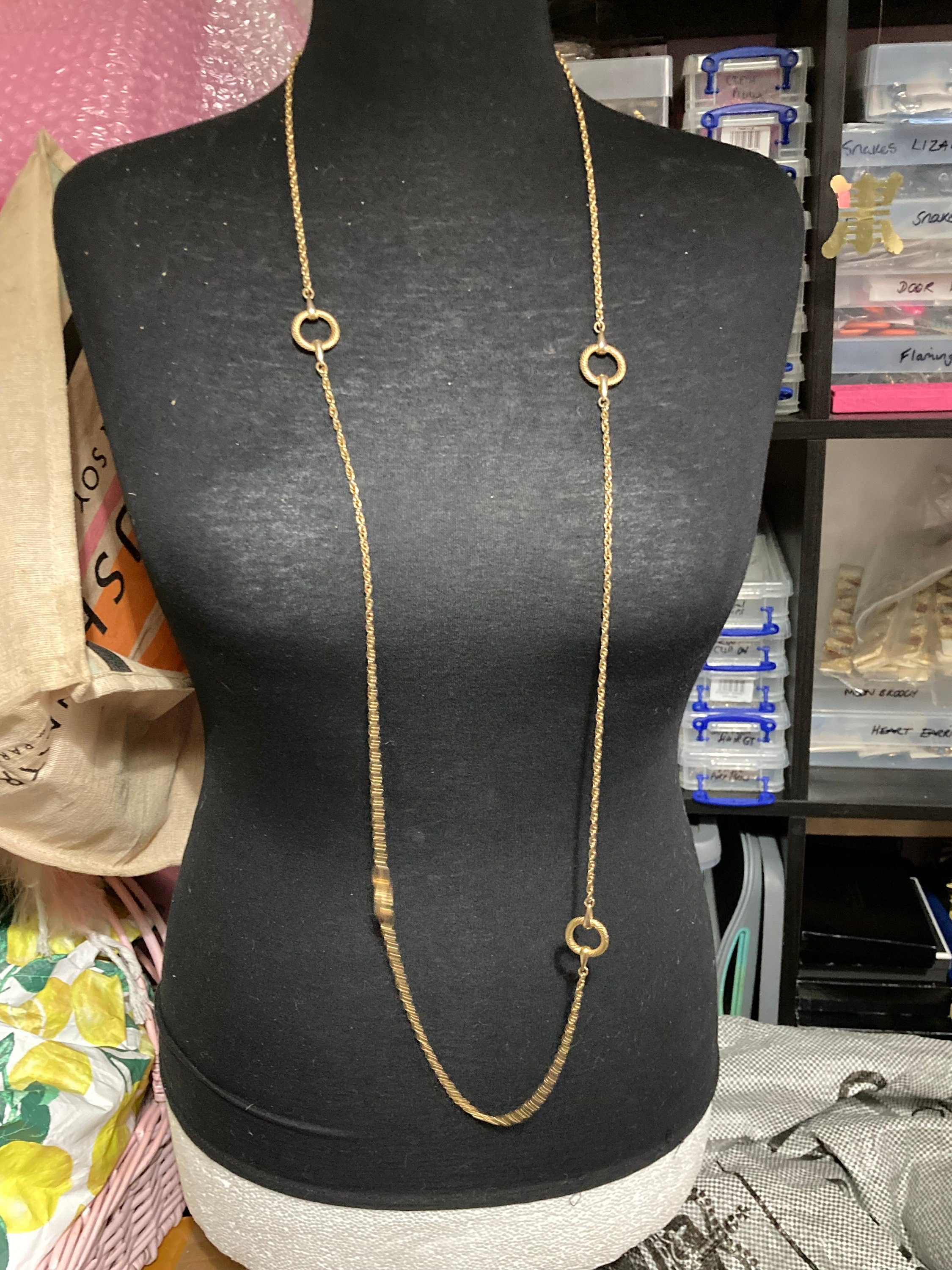 Signed d’orlan designer flapper length 135cm gold plated long hoops station chain necklace