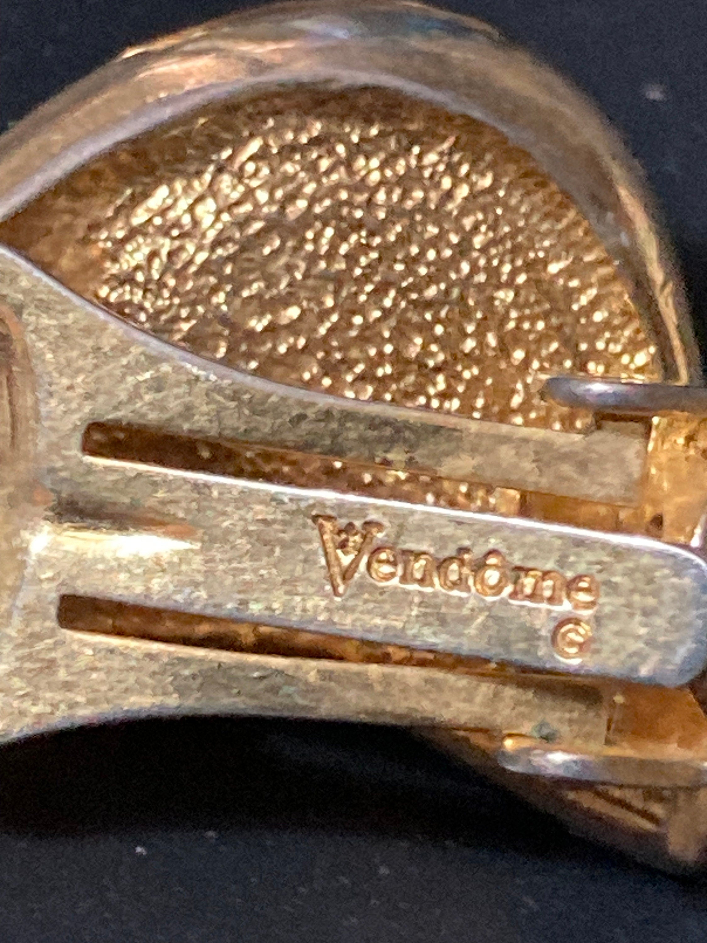 Signed Vendome Vintage gold tone faux pearl Clip On Earrings with clear rhinestone Diamanté