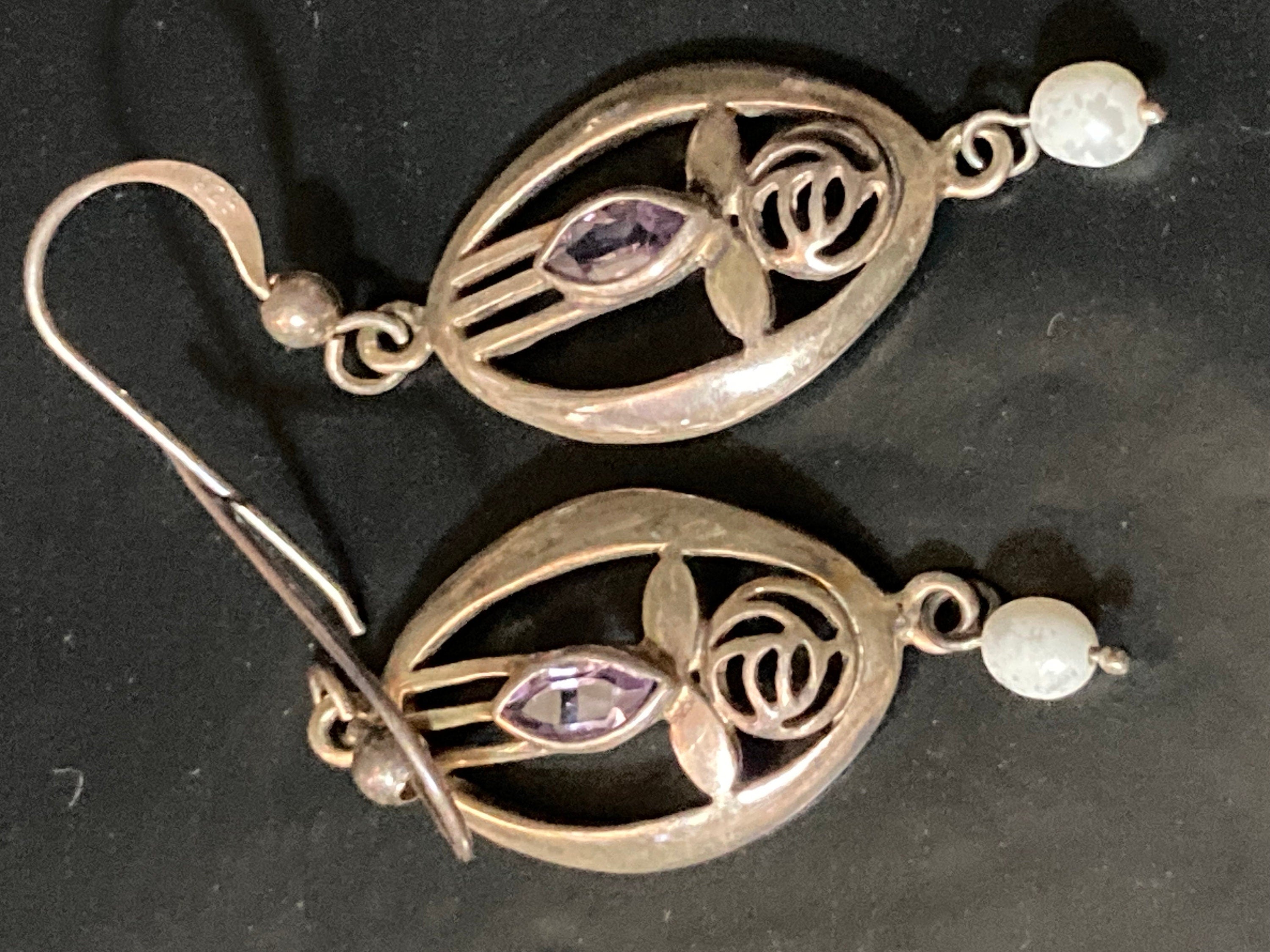 Art nouveau Amethyst gemstone 925 silver drop retro earrings