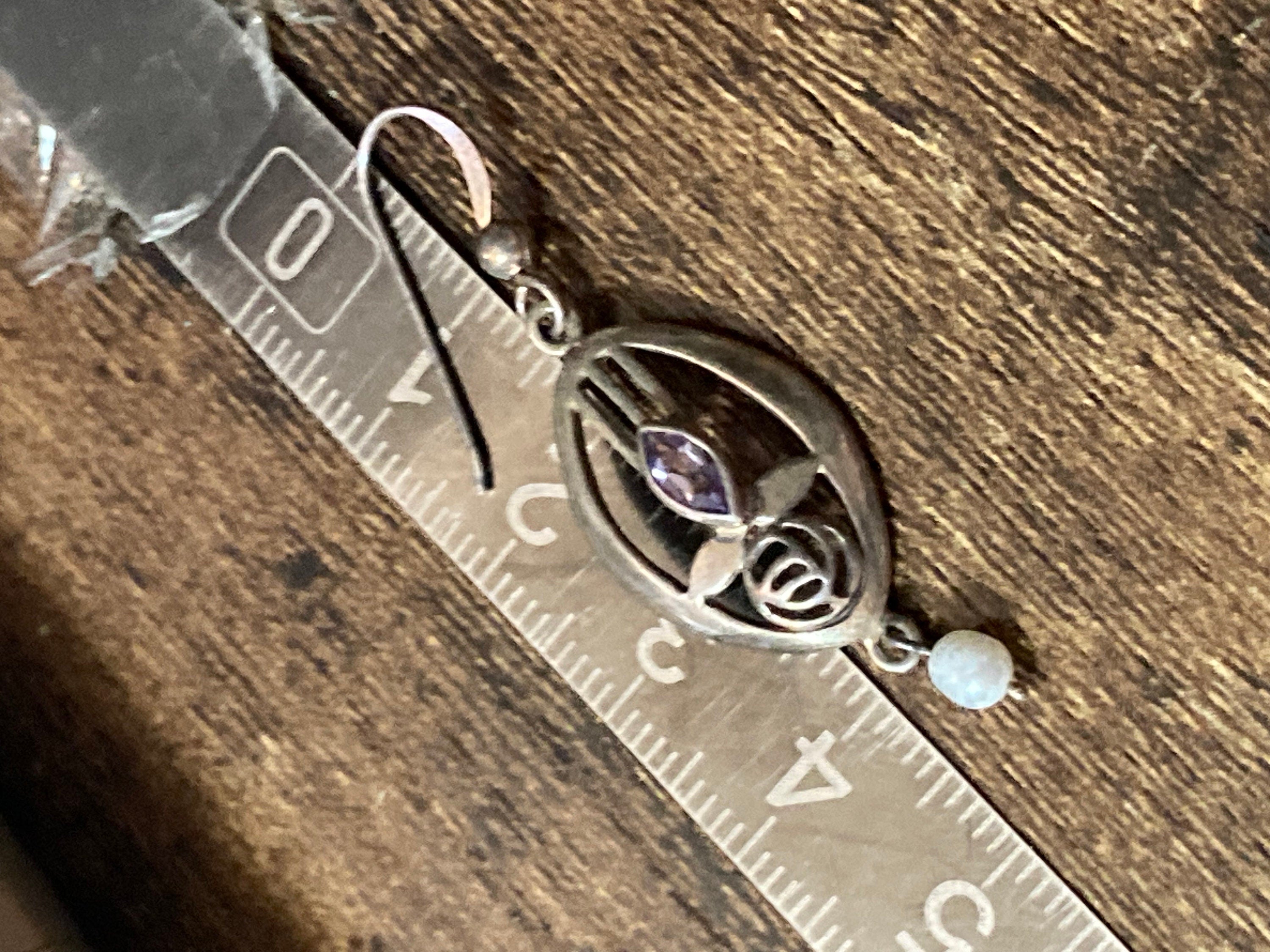 Art nouveau Amethyst gemstone 925 silver drop retro earrings