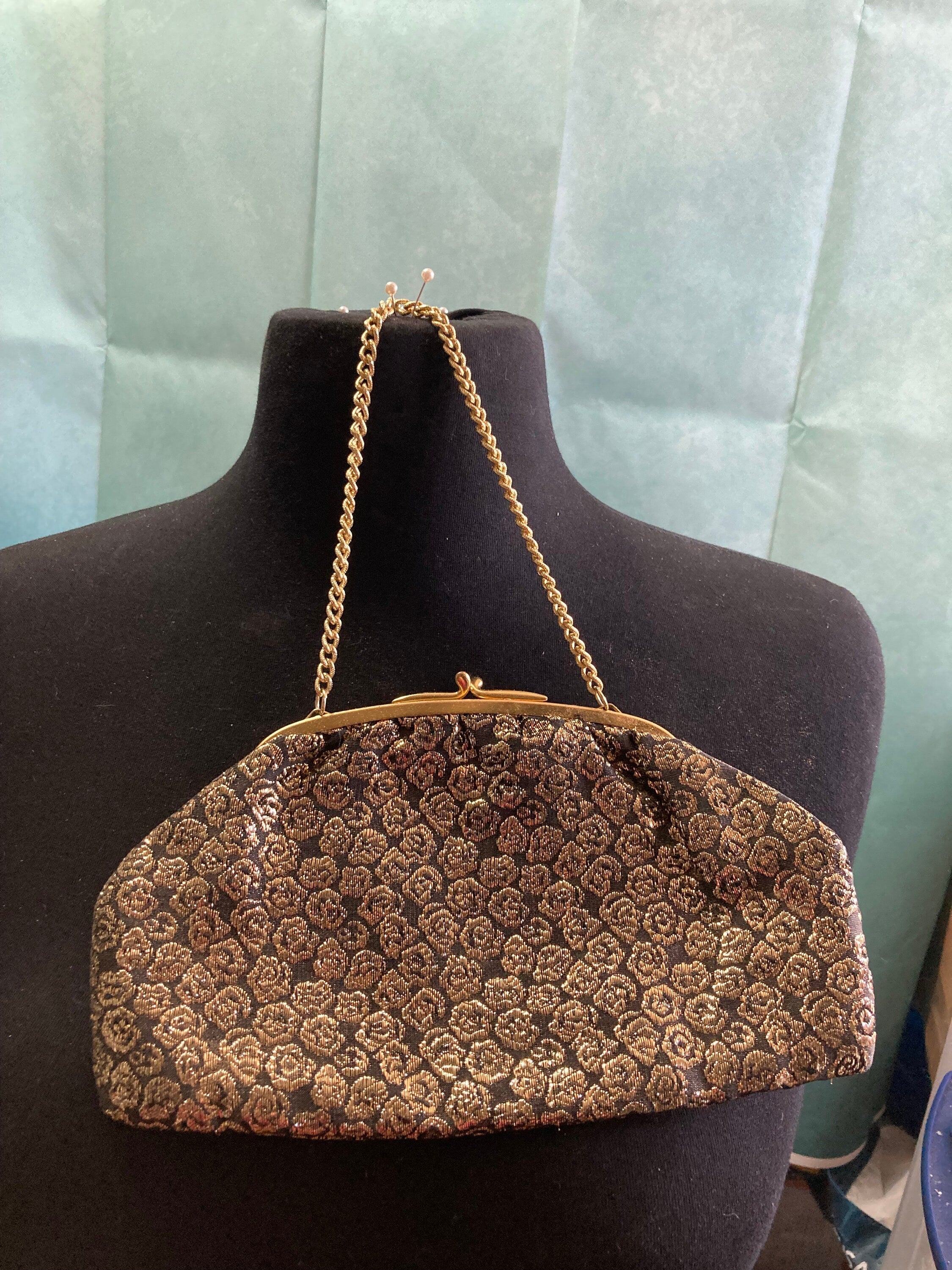Vintage 1970s Black Gold Lurex Thread work make up cosmetic Evening Purse