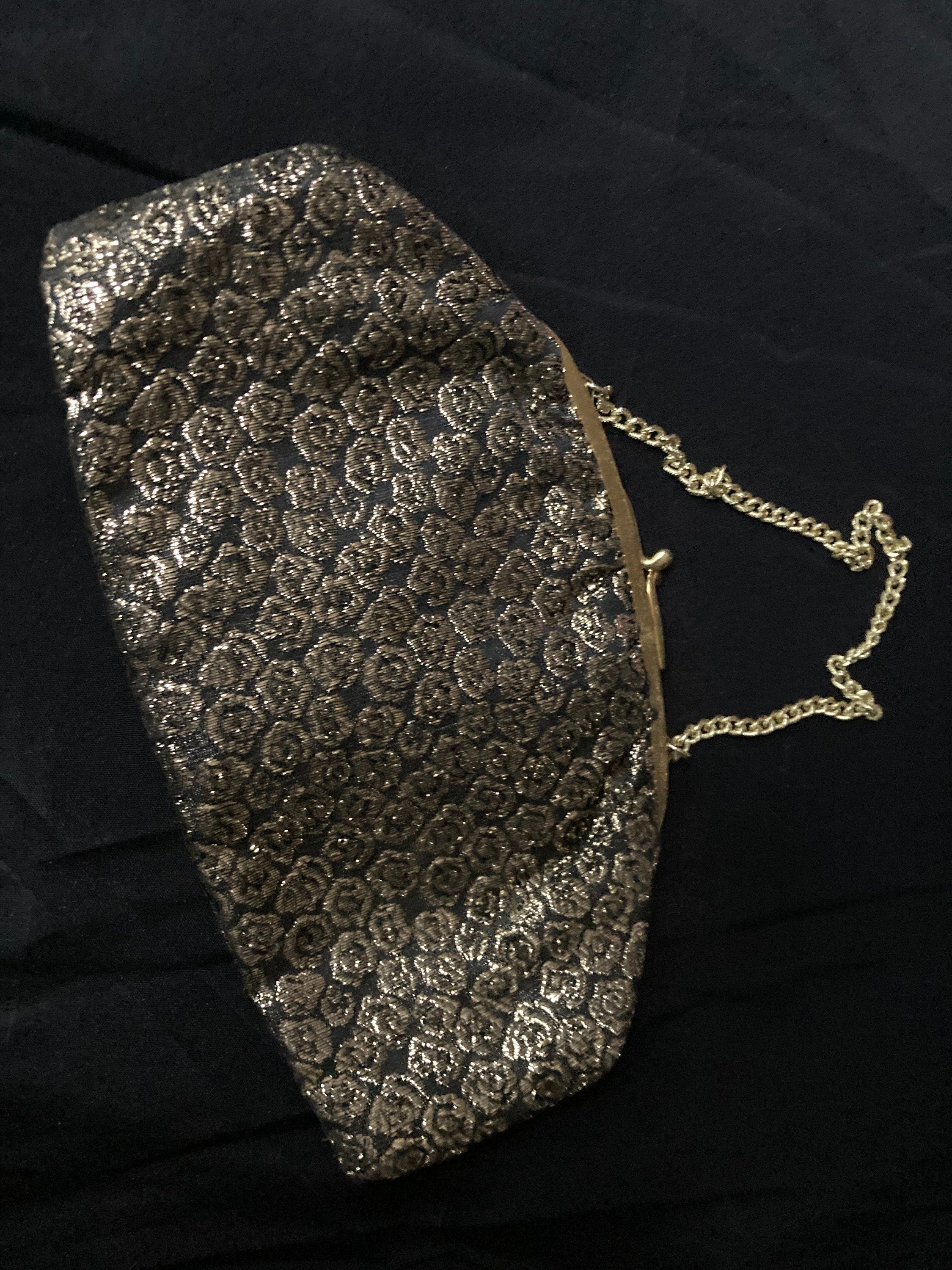 Vintage 1970s Black Gold Lurex Thread work make up cosmetic Evening Purse