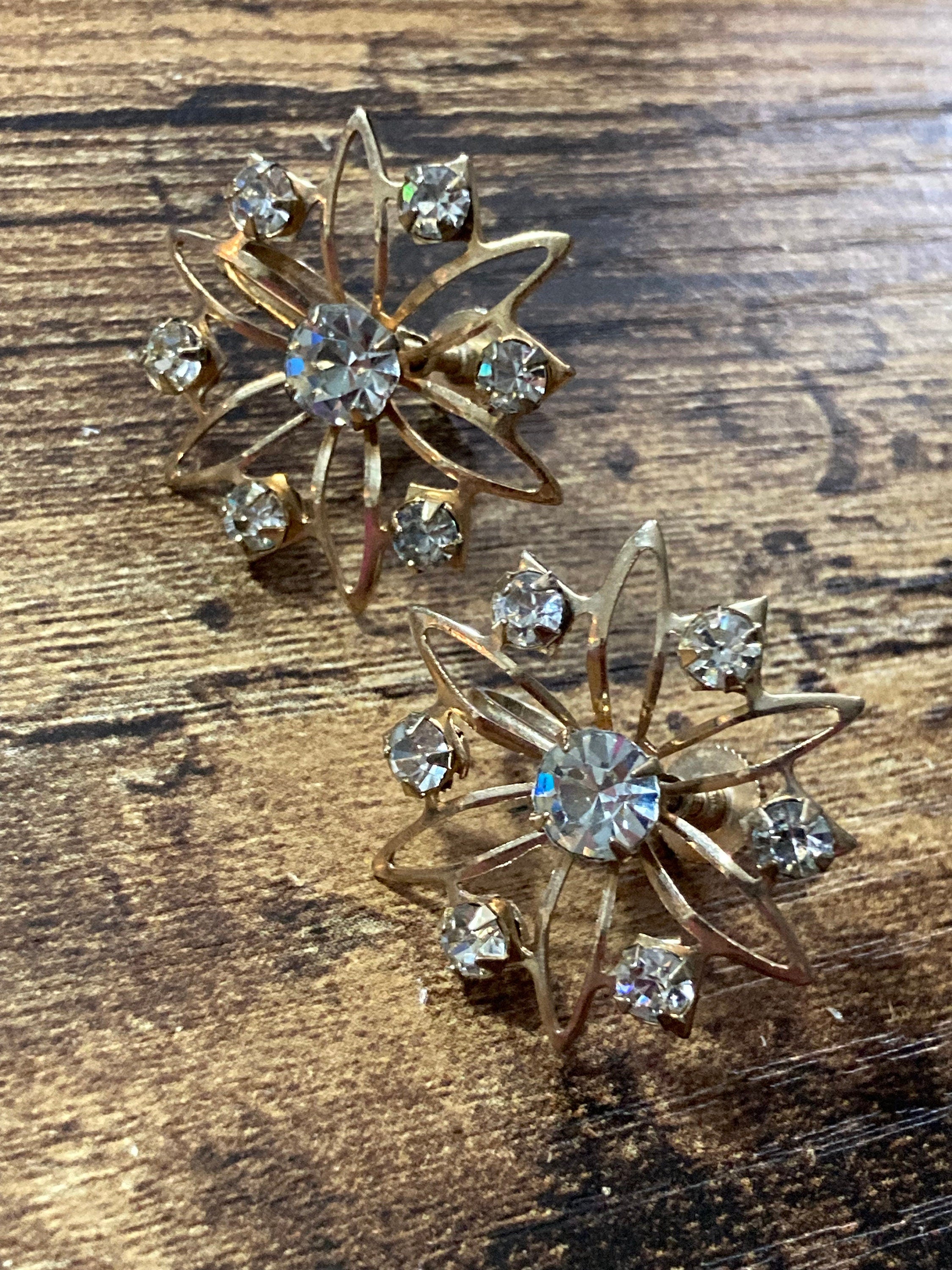 Vintage gold tone clear diamanté atomic Sputnik floral clip on earrings mid century