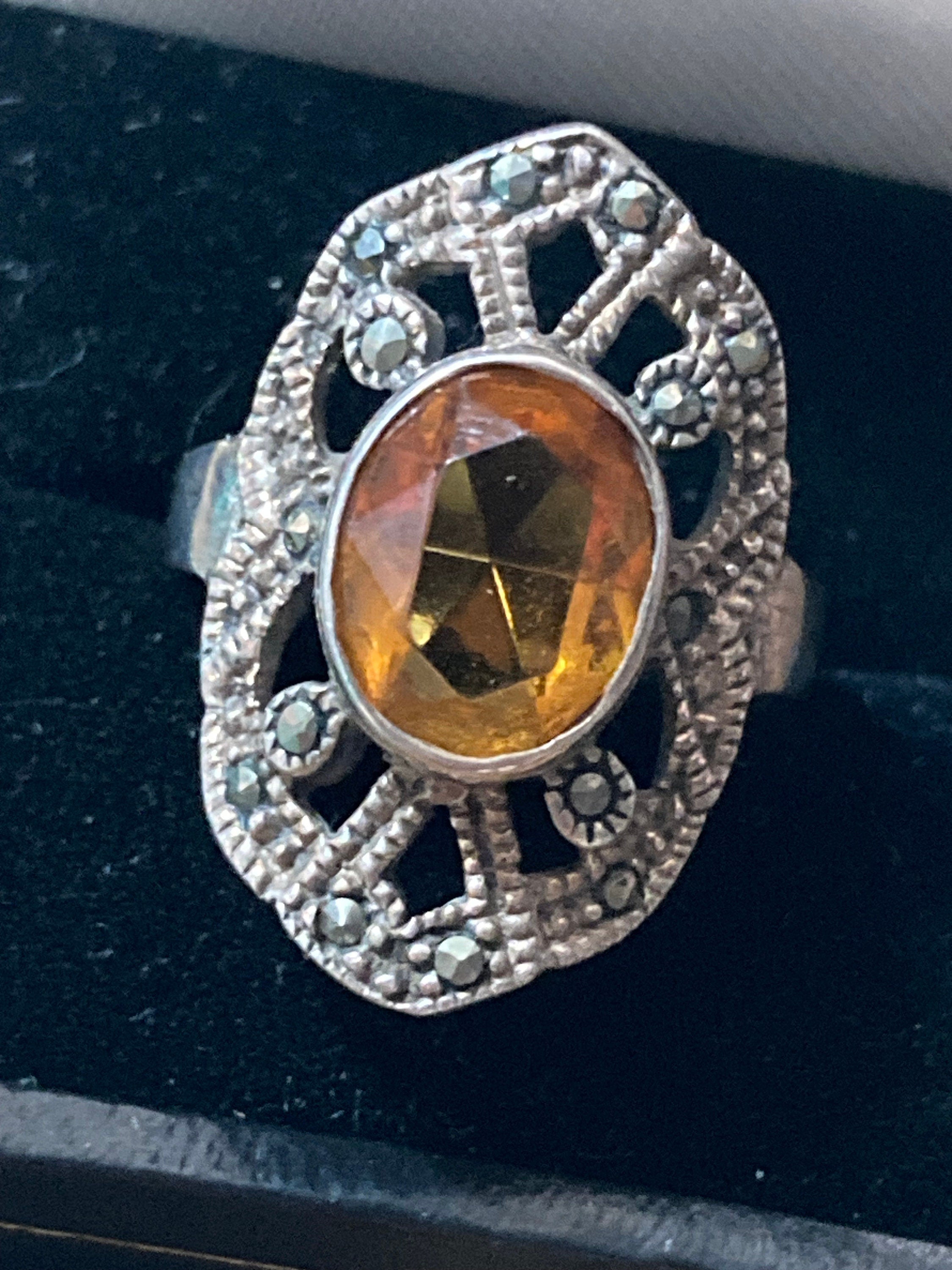 Vintage 925 sterling silver large citrine orange gemstone dress ring size N.5 5grams