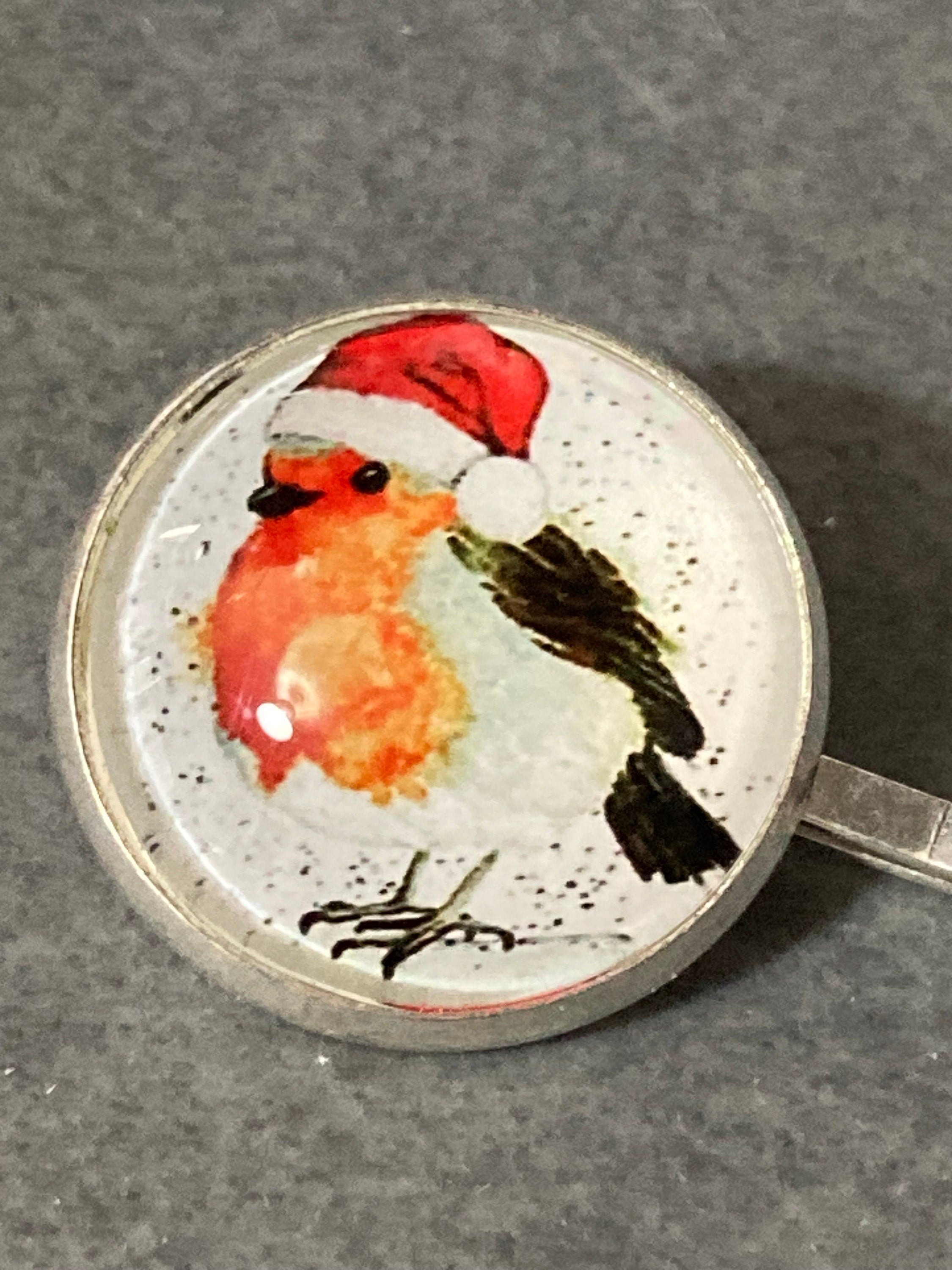 Pair of silver Christmas robin hair slides hair grips 20mm glass cabochon handmade