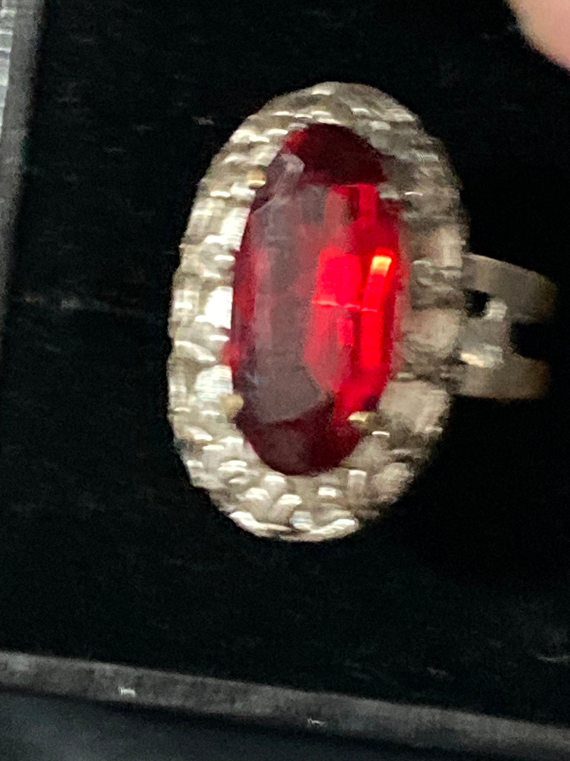 1970s Brutalist Silver Tone Cocktail Ring: Red Ruby Glass Paste, Adjustable