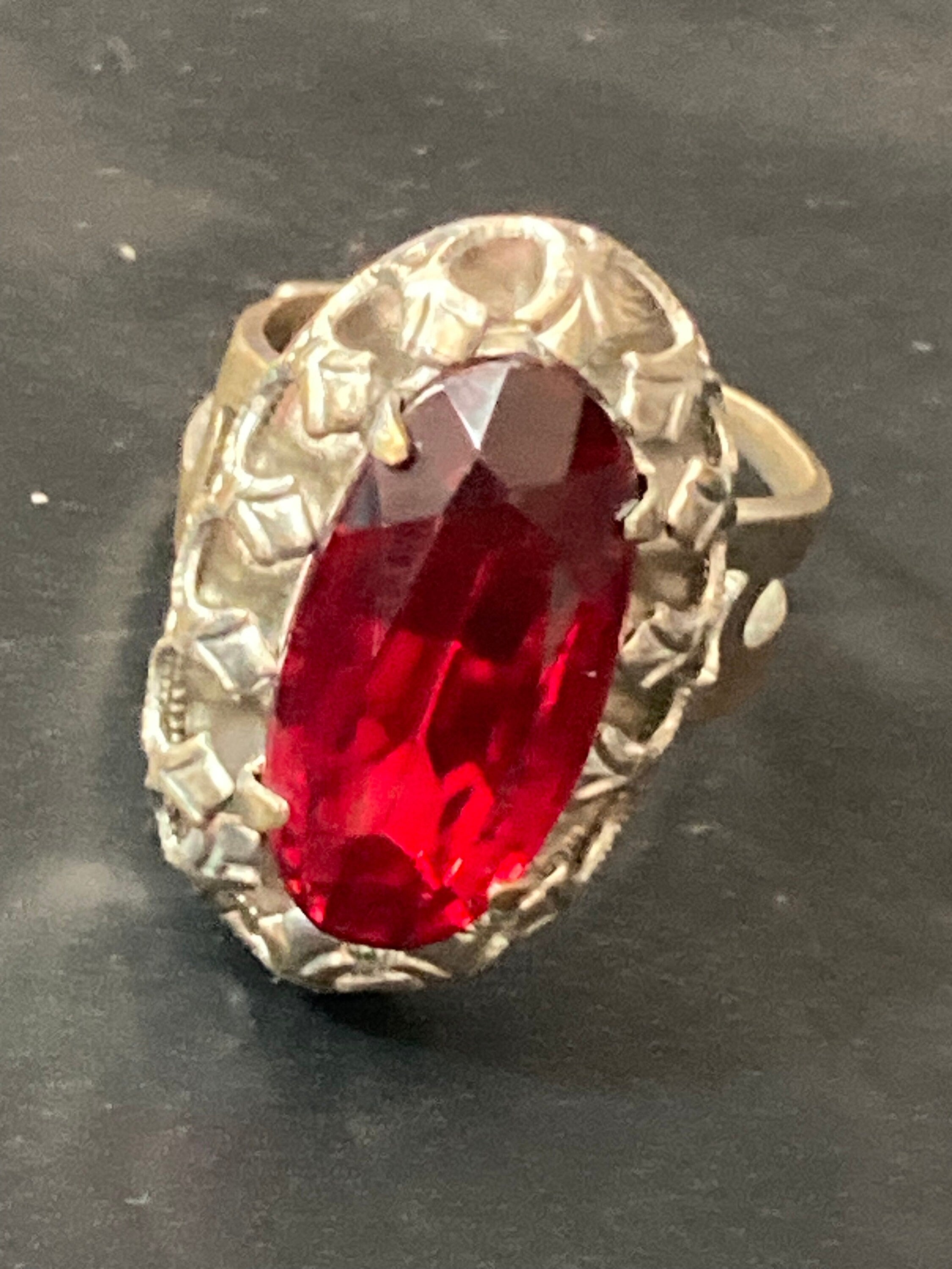 1970s Brutalist Silver Tone Cocktail Ring: Red Ruby Glass Paste, Adjustable