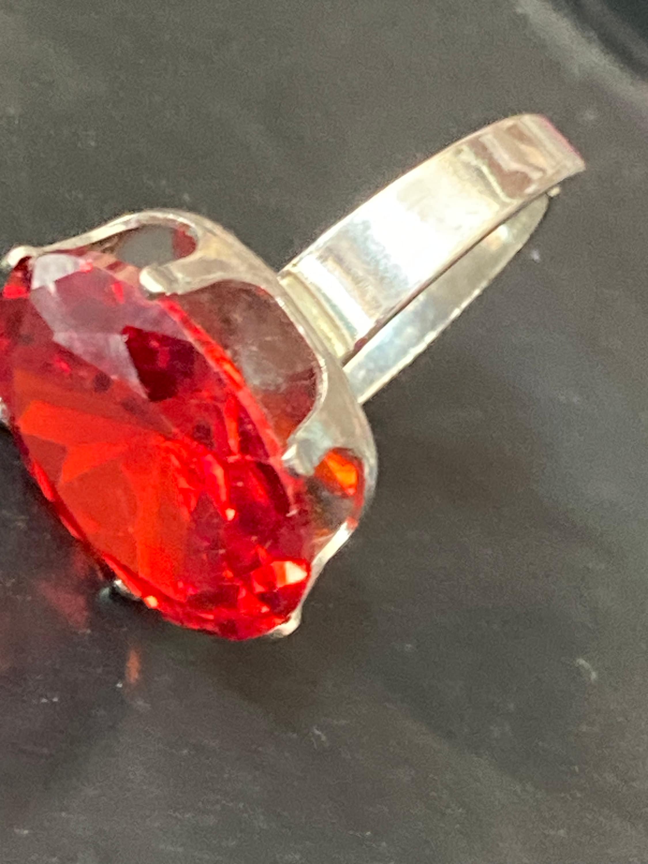 Red Ruby Glass Paste Cocktail Ring - Brutalist Silver Tone - 1970s