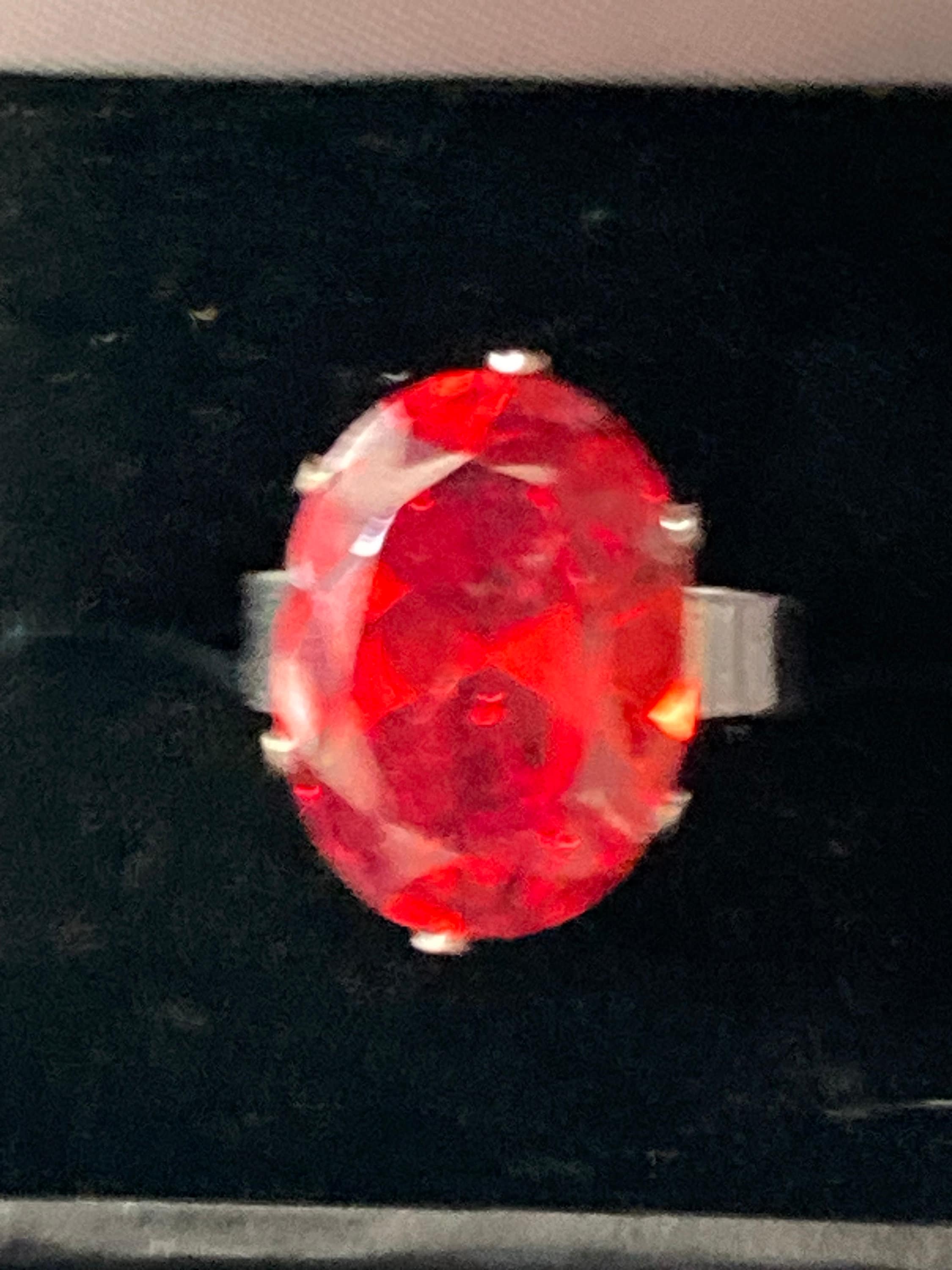 Red Ruby Glass Paste Cocktail Ring - Brutalist Silver Tone - 1970s