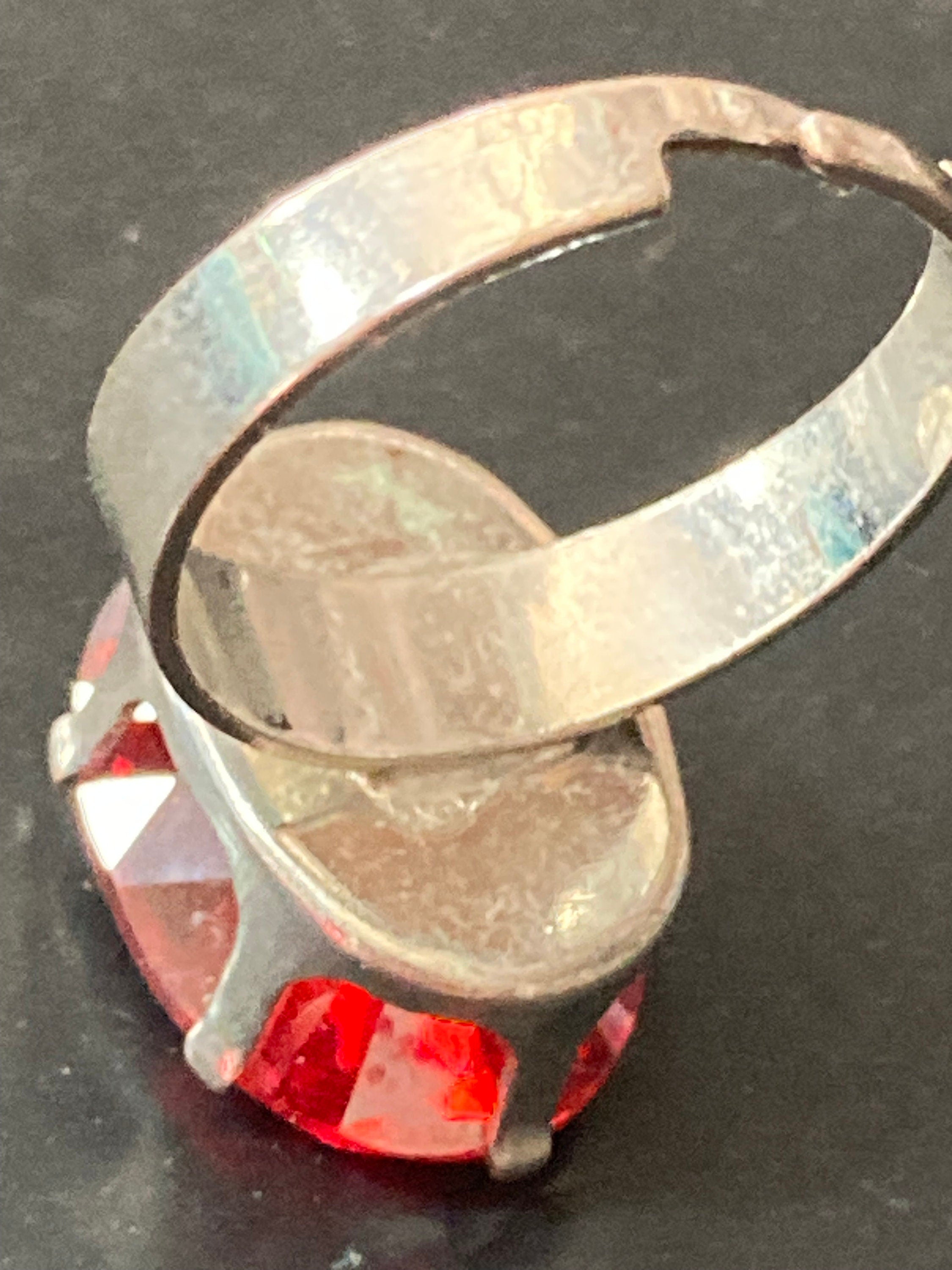 Red Ruby Glass Paste Cocktail Ring - Brutalist Silver Tone - 1970s